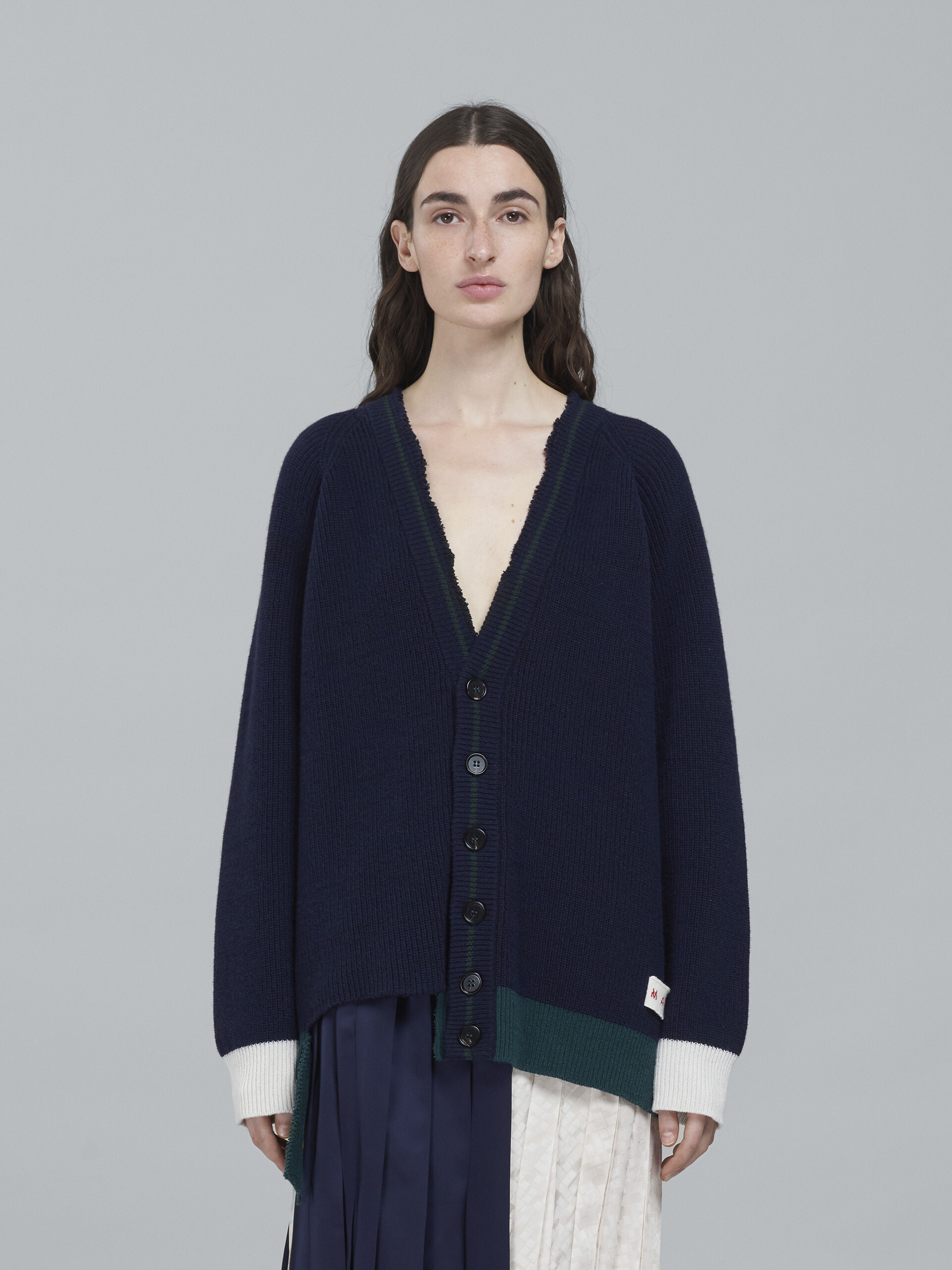 Blue Shetland wool and cotton long cardigan - Pullovers - Image 2