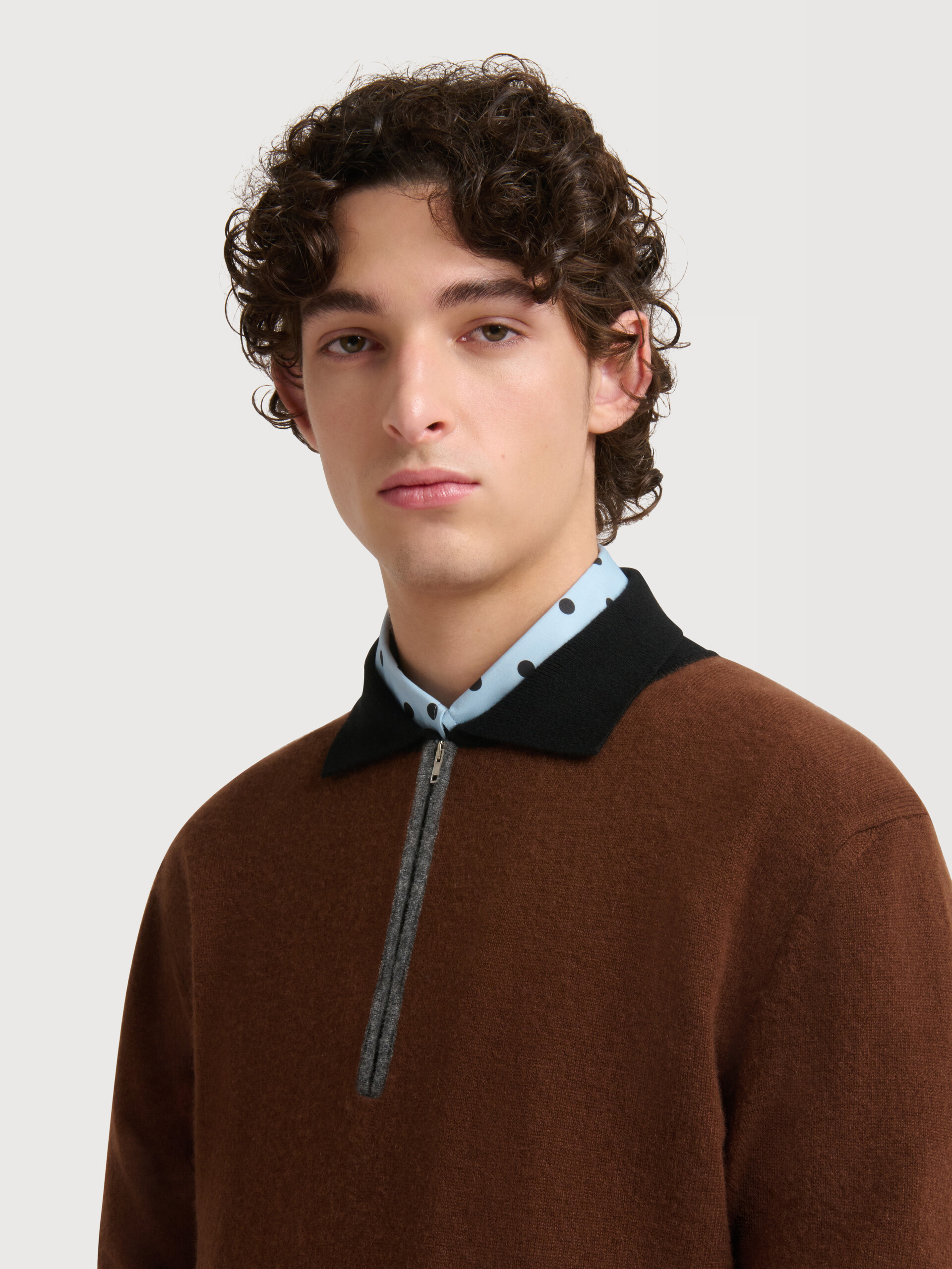 Brown cashmere polo jumper with layered effect - Shirts - Image 5
