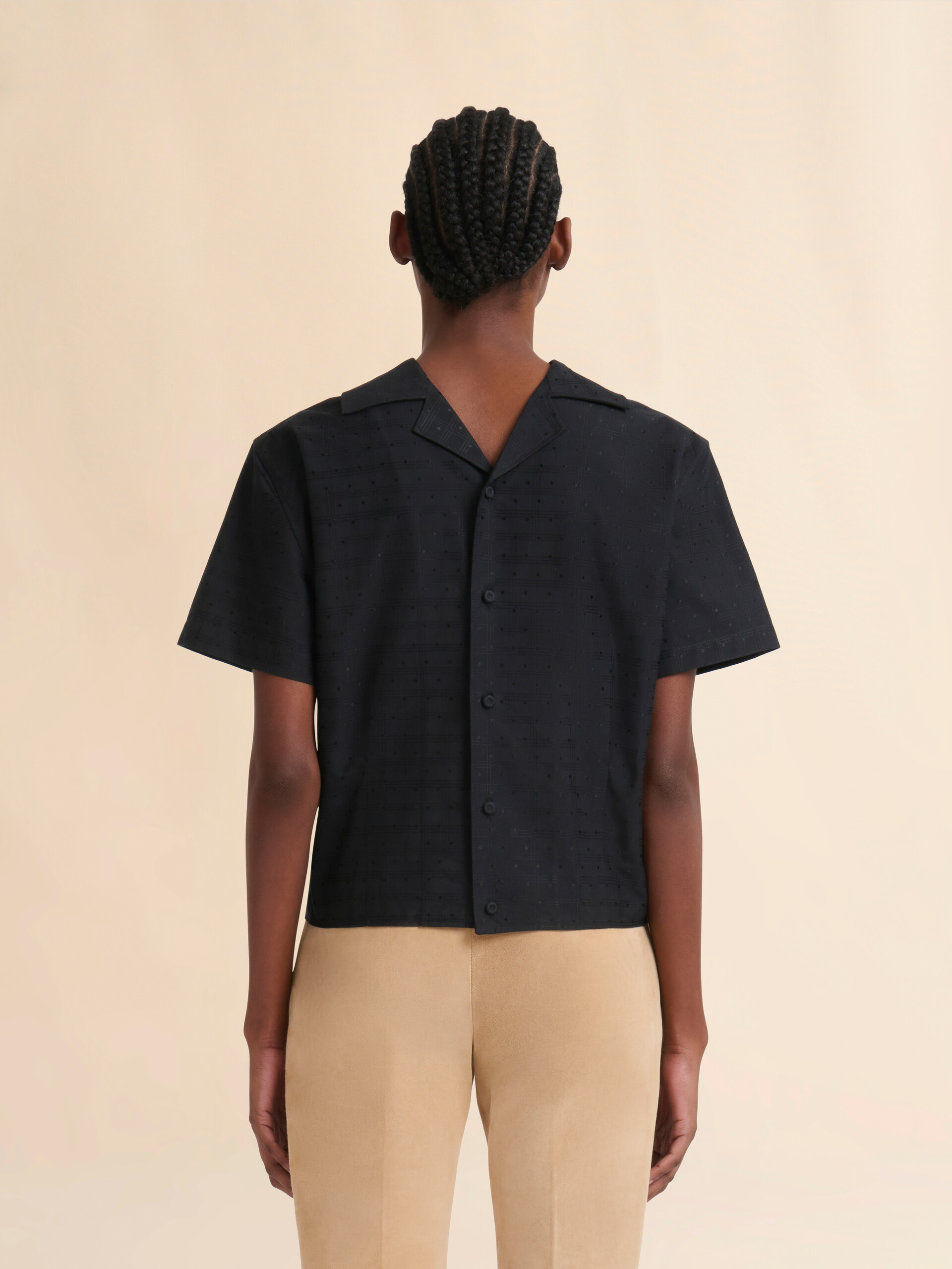 Black cotton-viscose back-to-front shirt top with check and dots jacquard motif - Shirts - Image 3