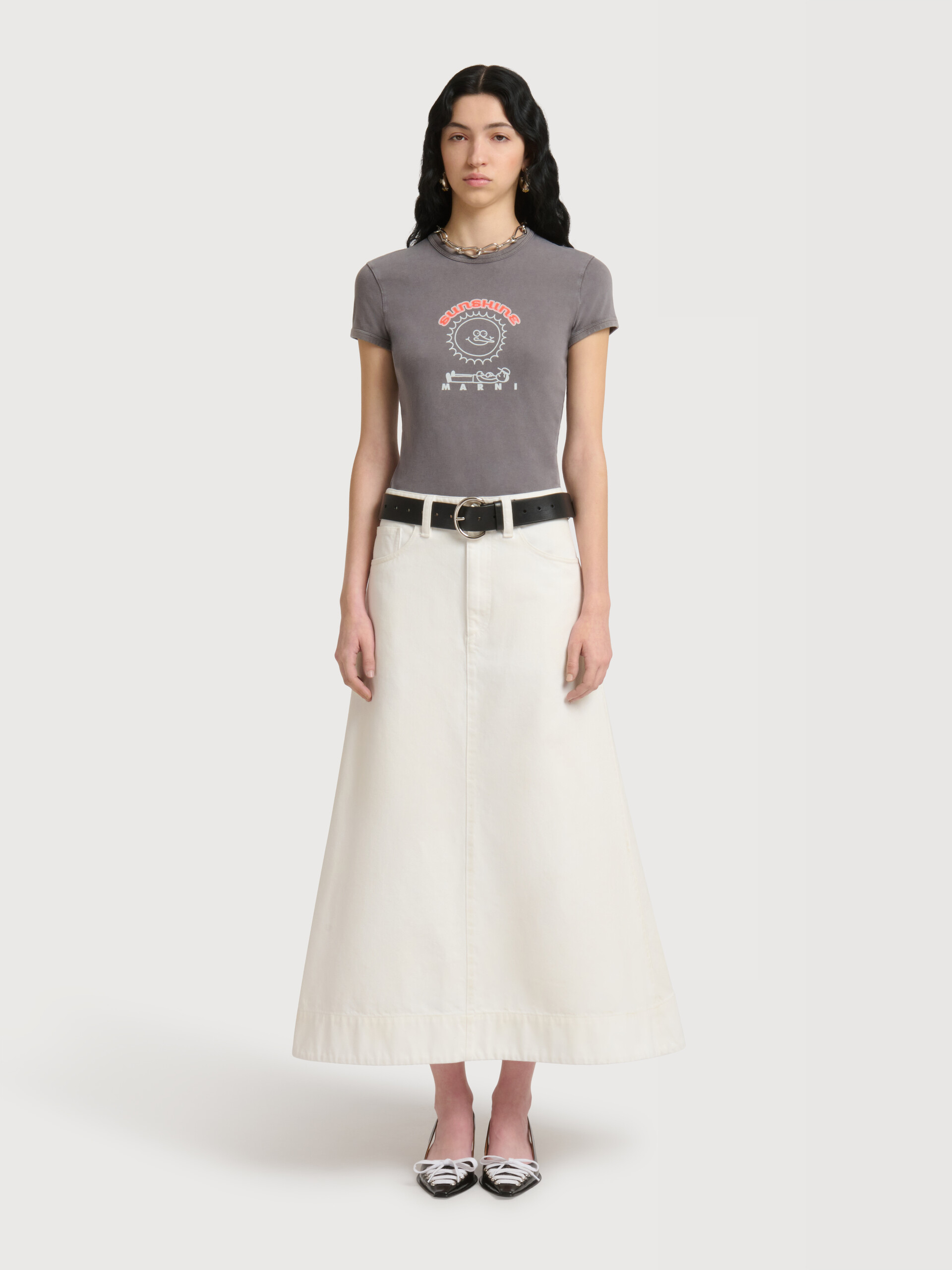 White denim flared midi skirt - Skirts - Image 2