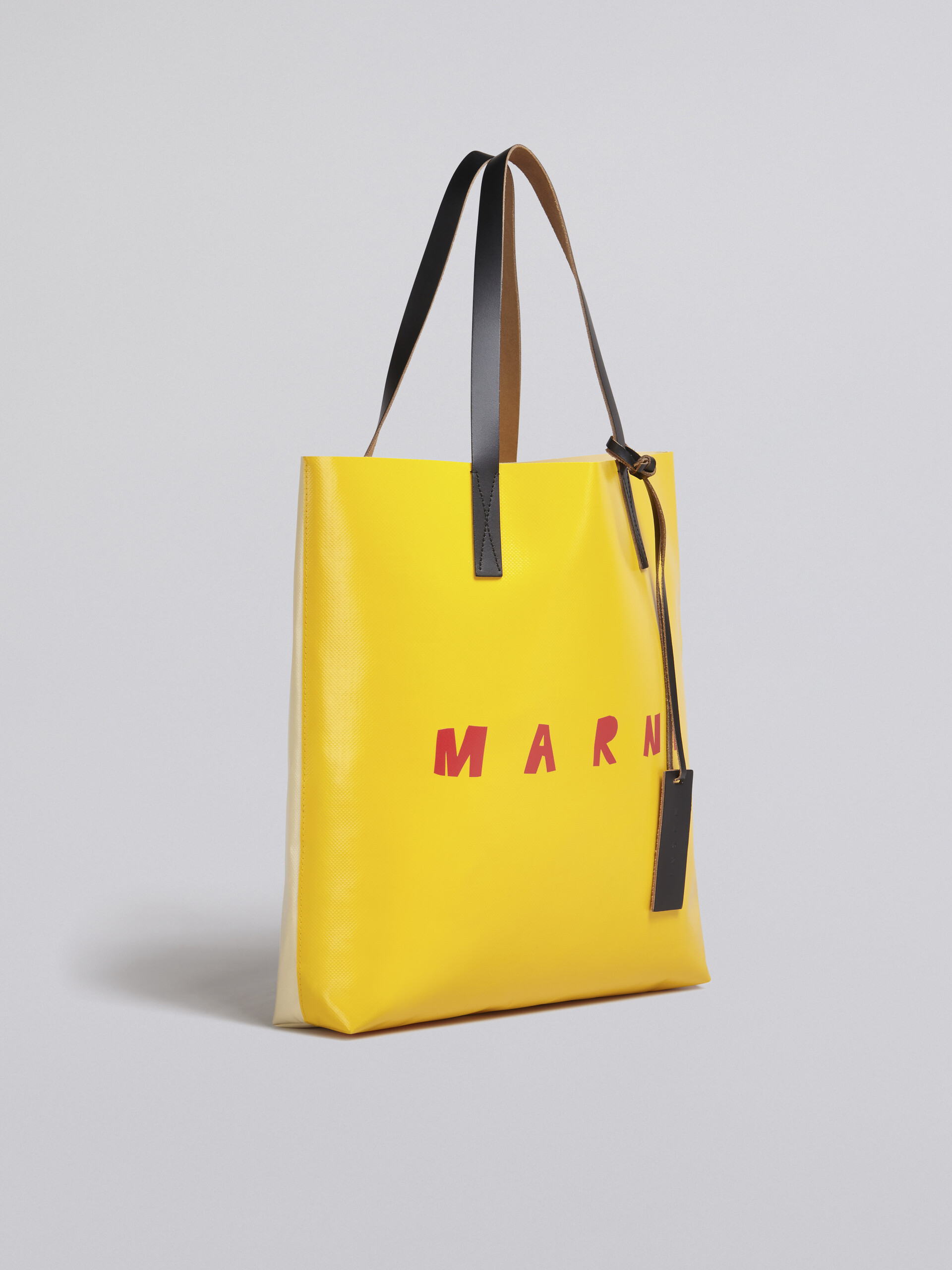 Borsa shopping in PVC con manici in pelle e logo Marni gialla e beige - Borse shopping - Image 4