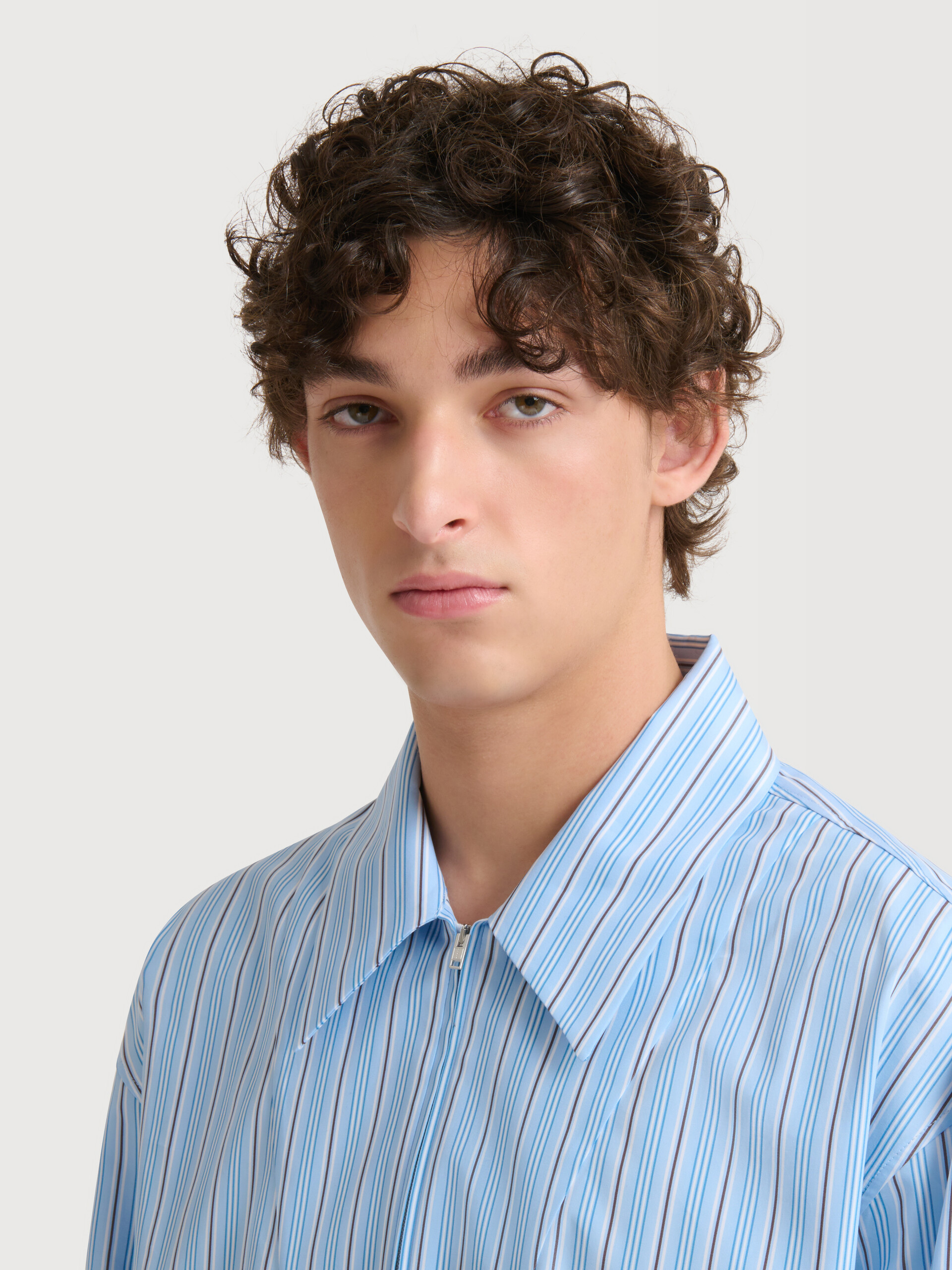 Light blue striped poplin shirt with bib insert - Shirts - Image 5