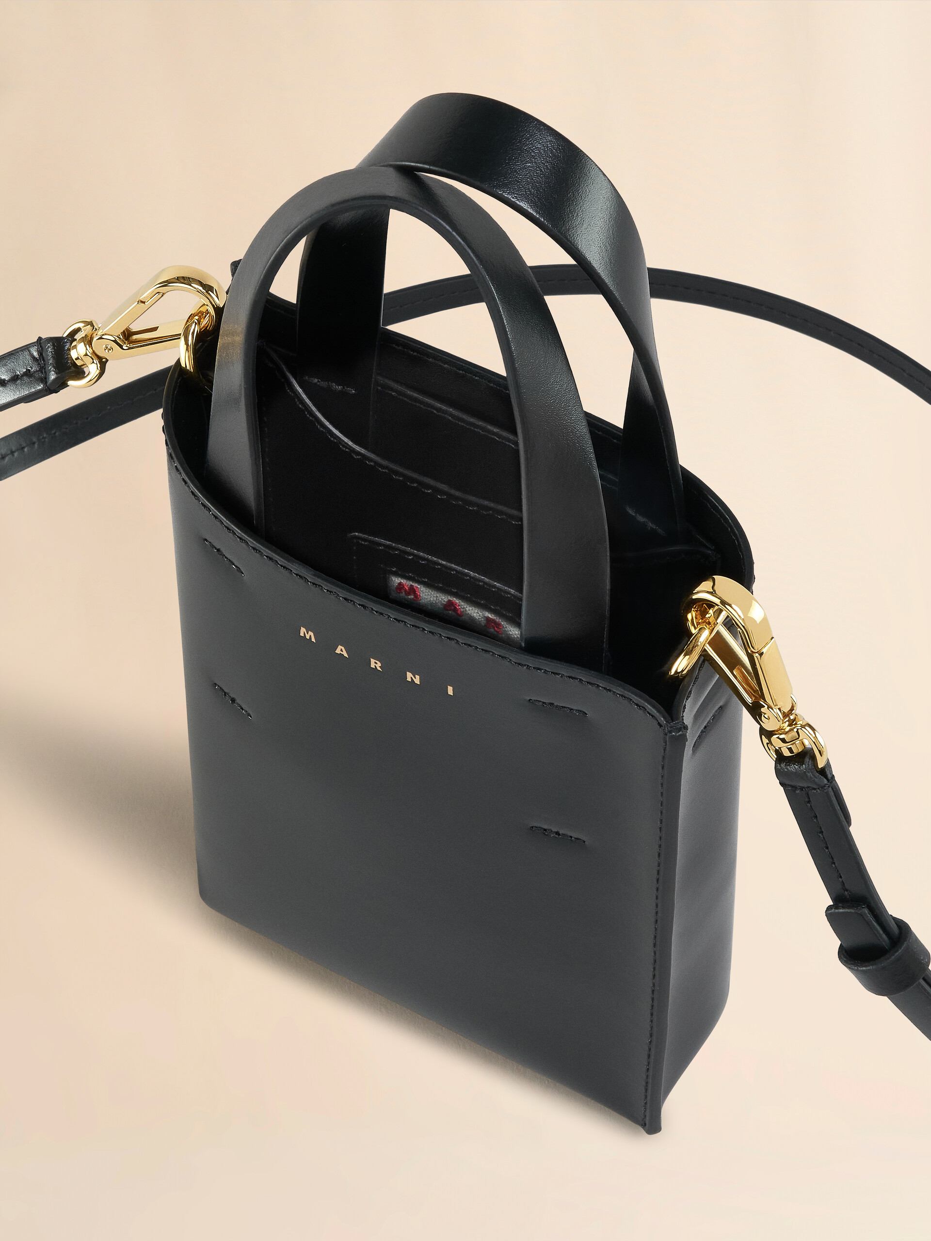 Marni, Bags, Marni Nano Museo Shopping Bag In Black Shiny Smooth Calfskin  With Shoulder Strap