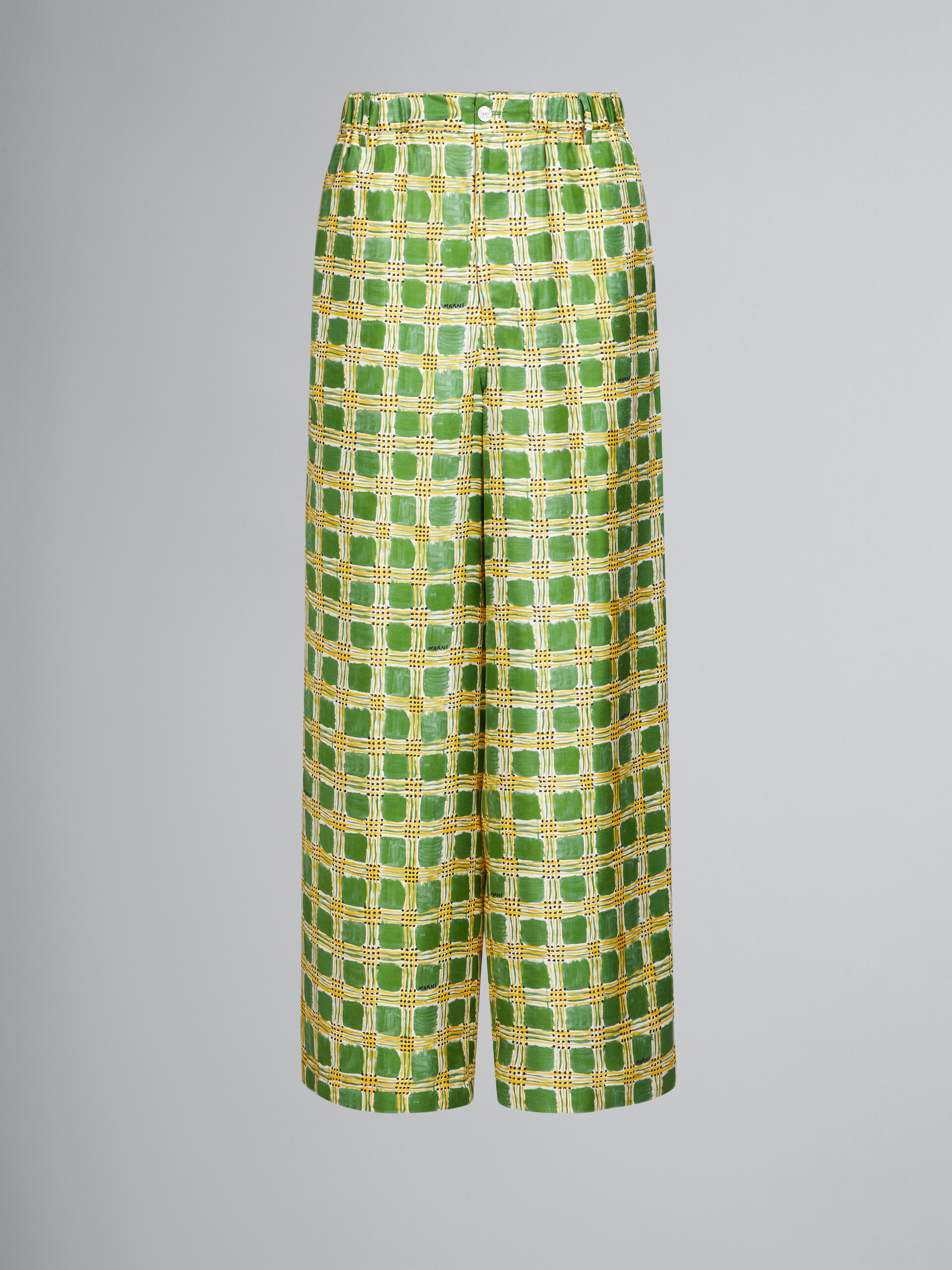 Green silk twill trousers with Check Fields print - Pants - Image 1