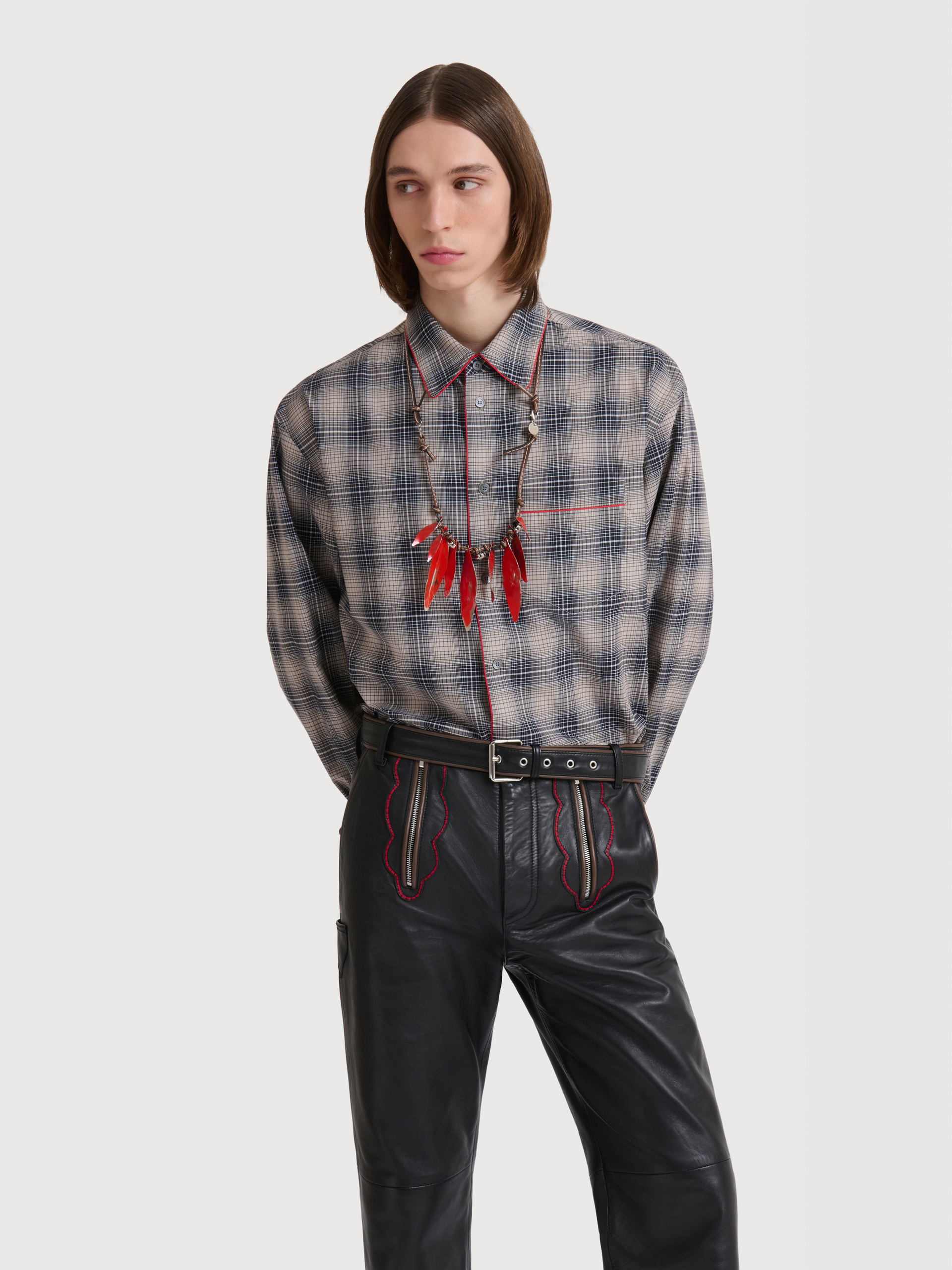 Beige e light brown checked poplin shirt with contrast piping - Shirts - Image 2