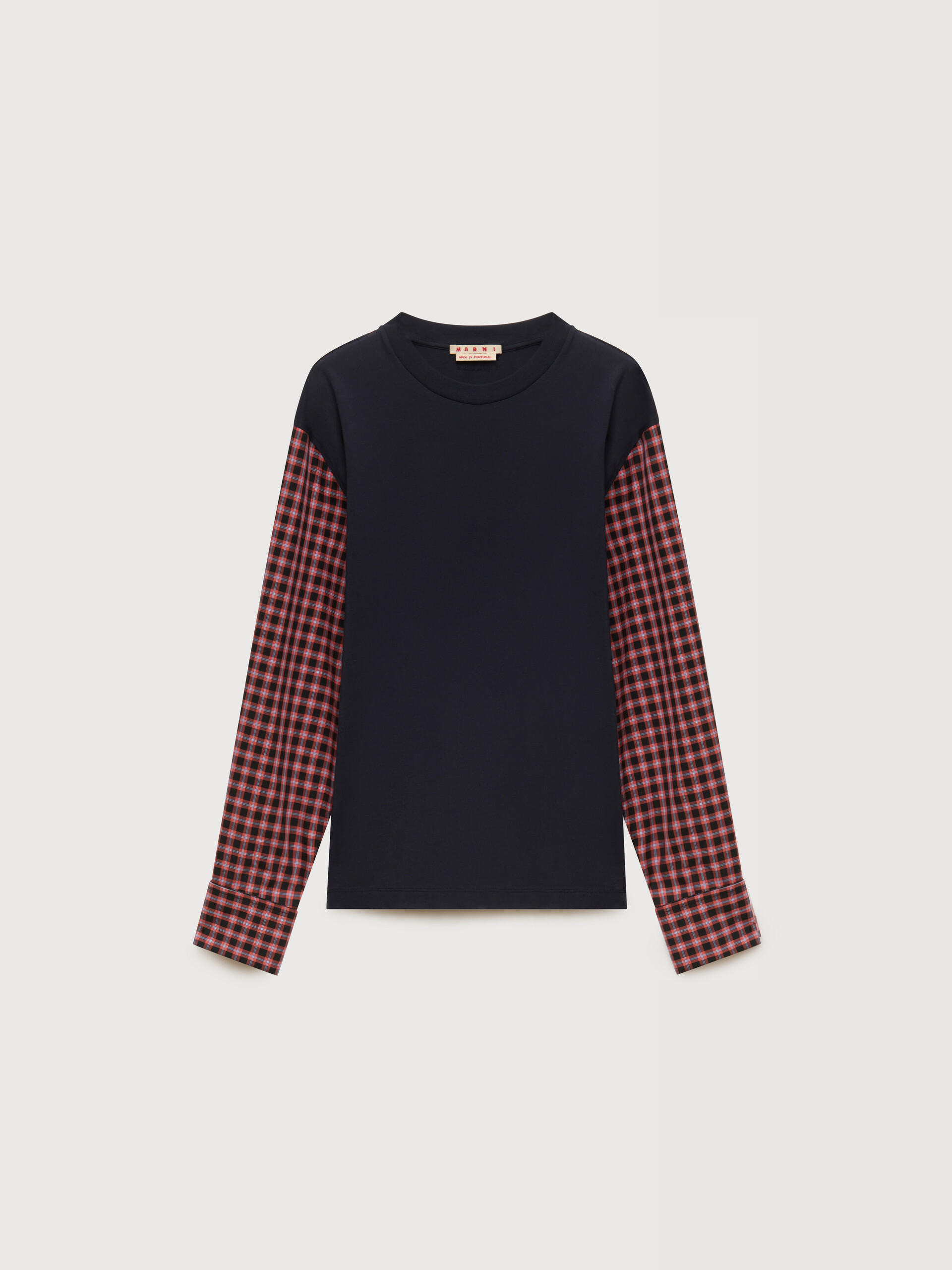 Deep blue cotton T-shirt with checked shirt sleeves - T-shirts - Image 1