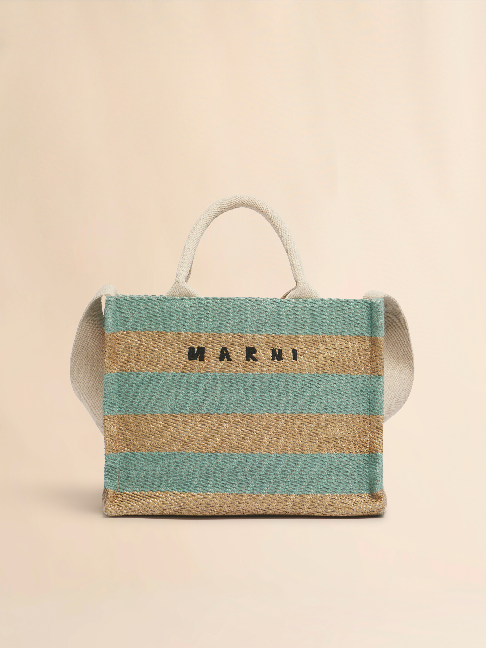 ブルー ナチュラル ストライプ柄ラフィアエフェクトスモール トートバッグ、刺繍ロゴ入り - ショッピングバッグ - Image 1