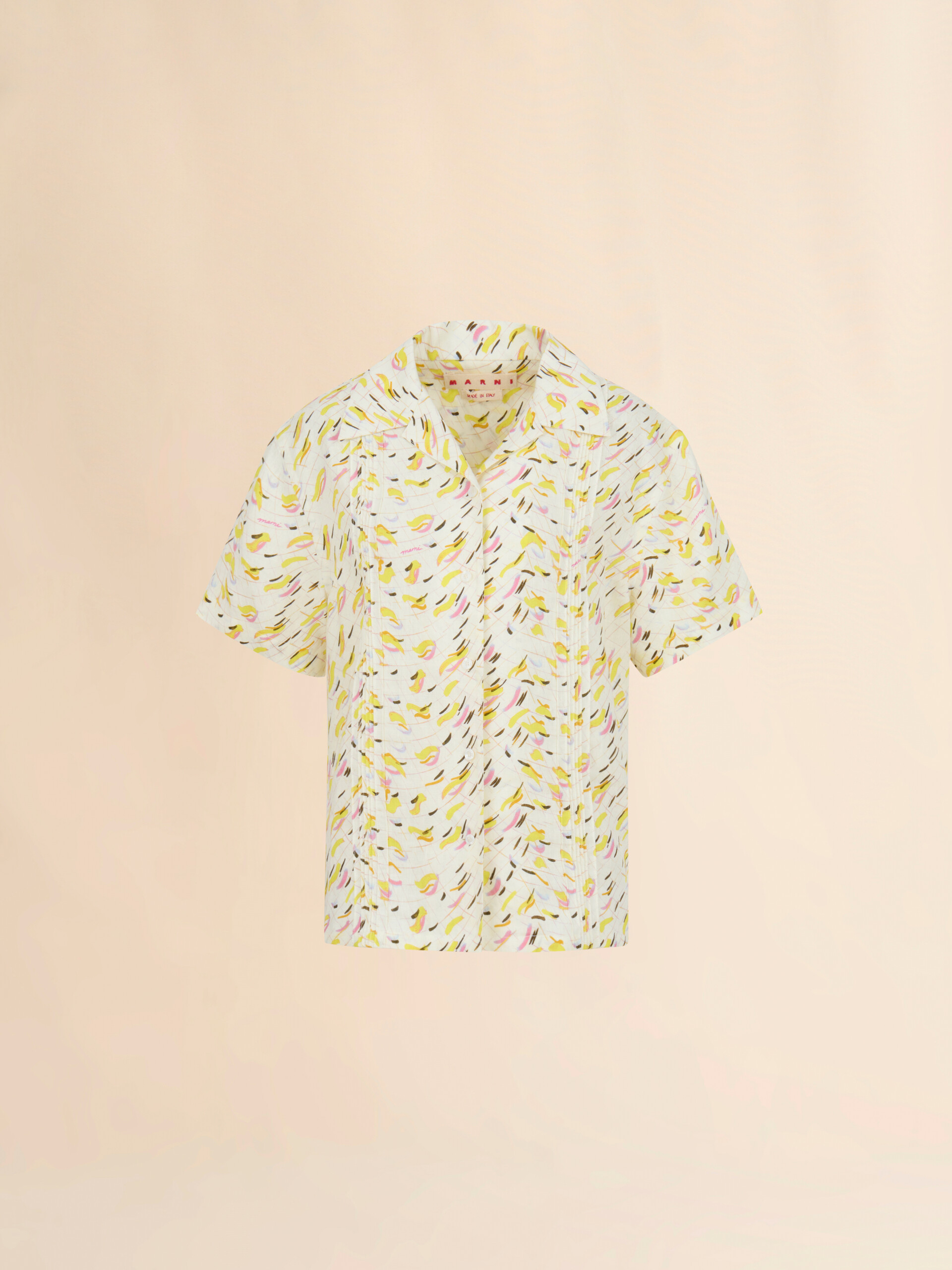 Yellow linen shirt with Brushstroke Wave print - Shirts - Image 1