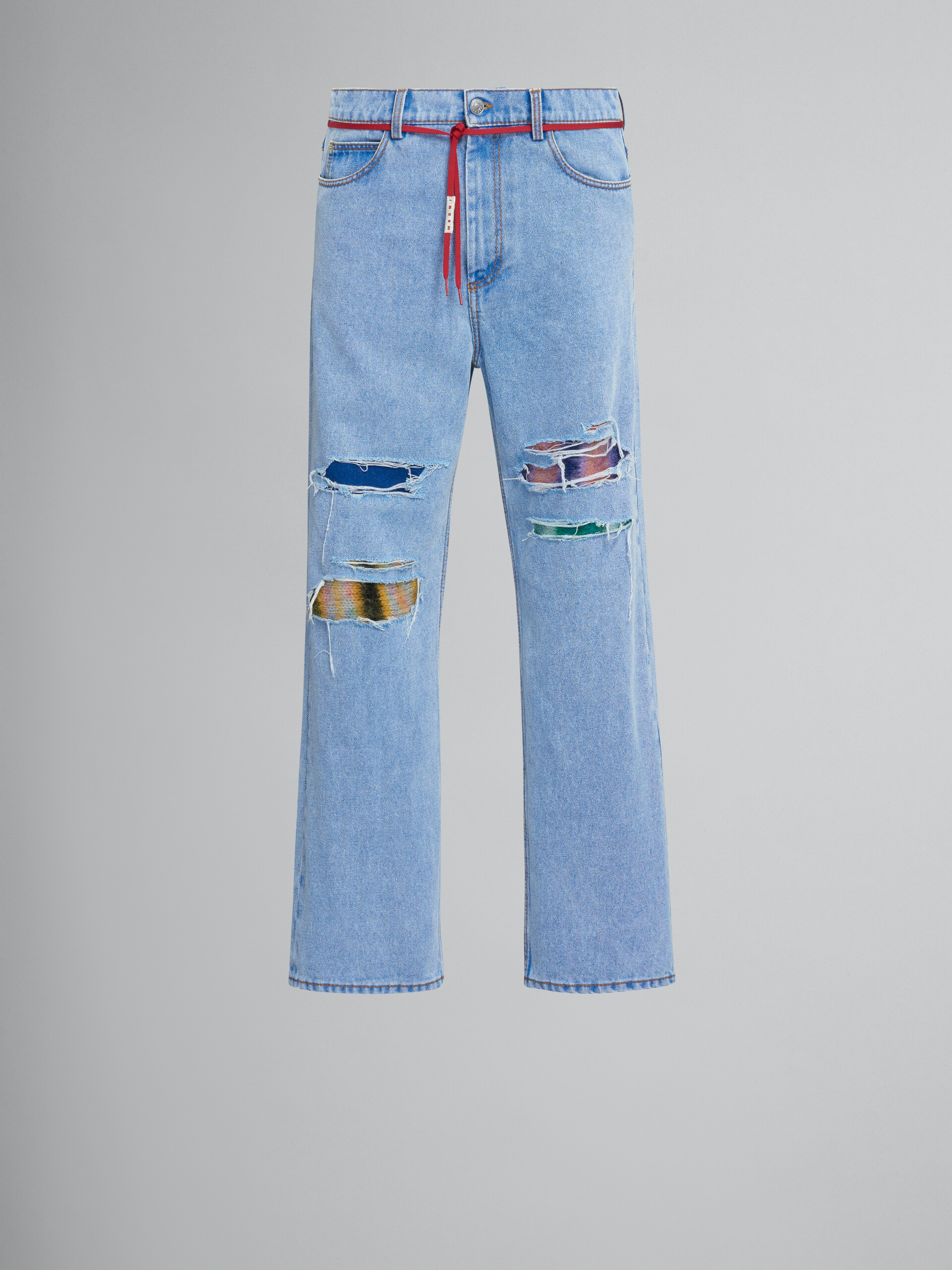 Straight trousers in coated blue denim and mohair - Pants - Image 1