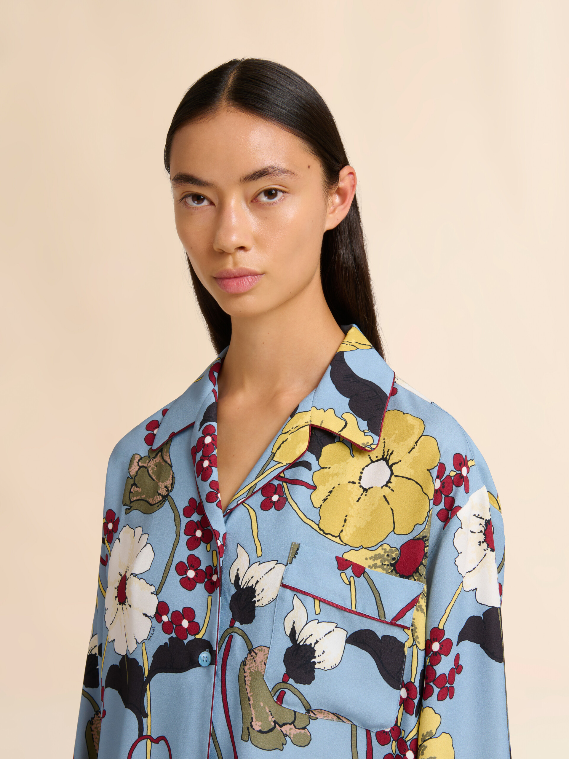 Blue envers satin pyjama shirt with Melodia print - Shirts - Image 4