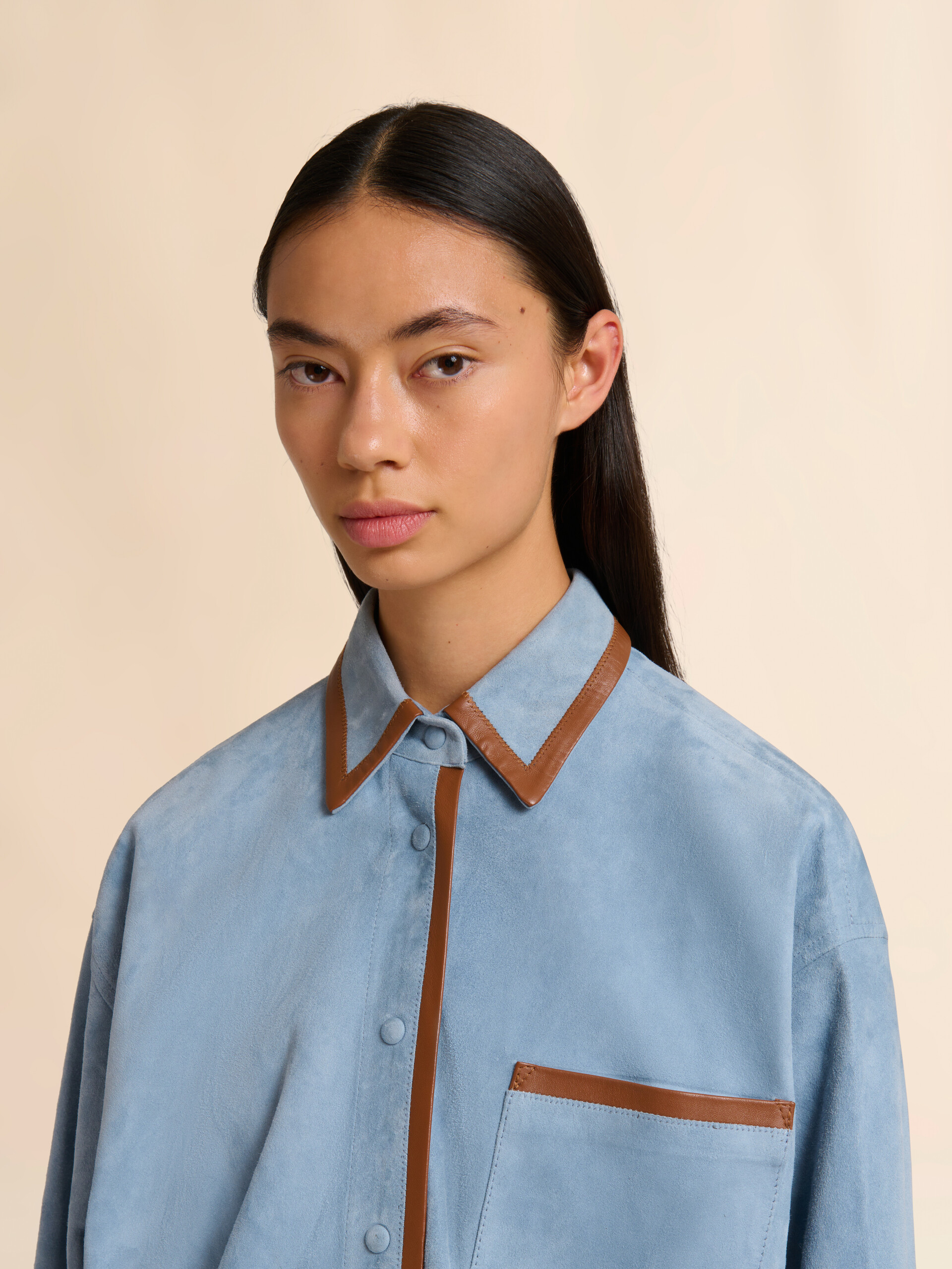 Light blue suede shirt with contrast trims - Shirts - Image 4