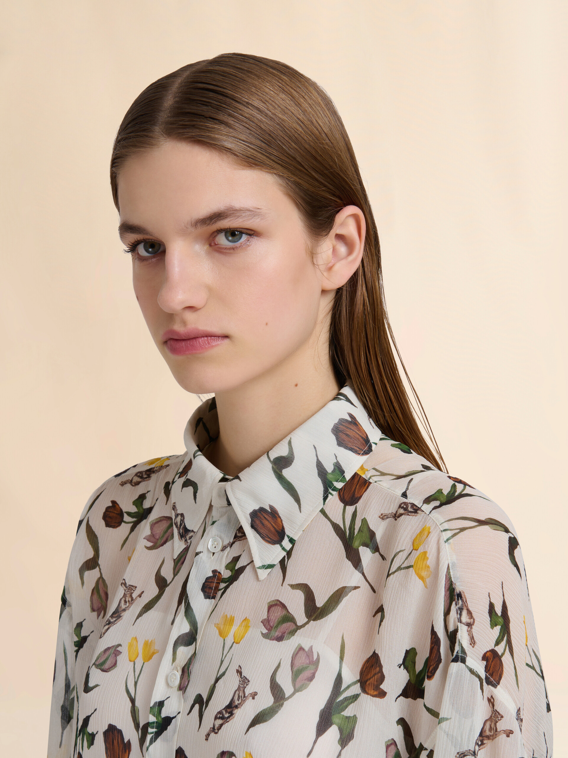 Cream chiffon shirt with Tulips and Hares print - Shirts - Image 4