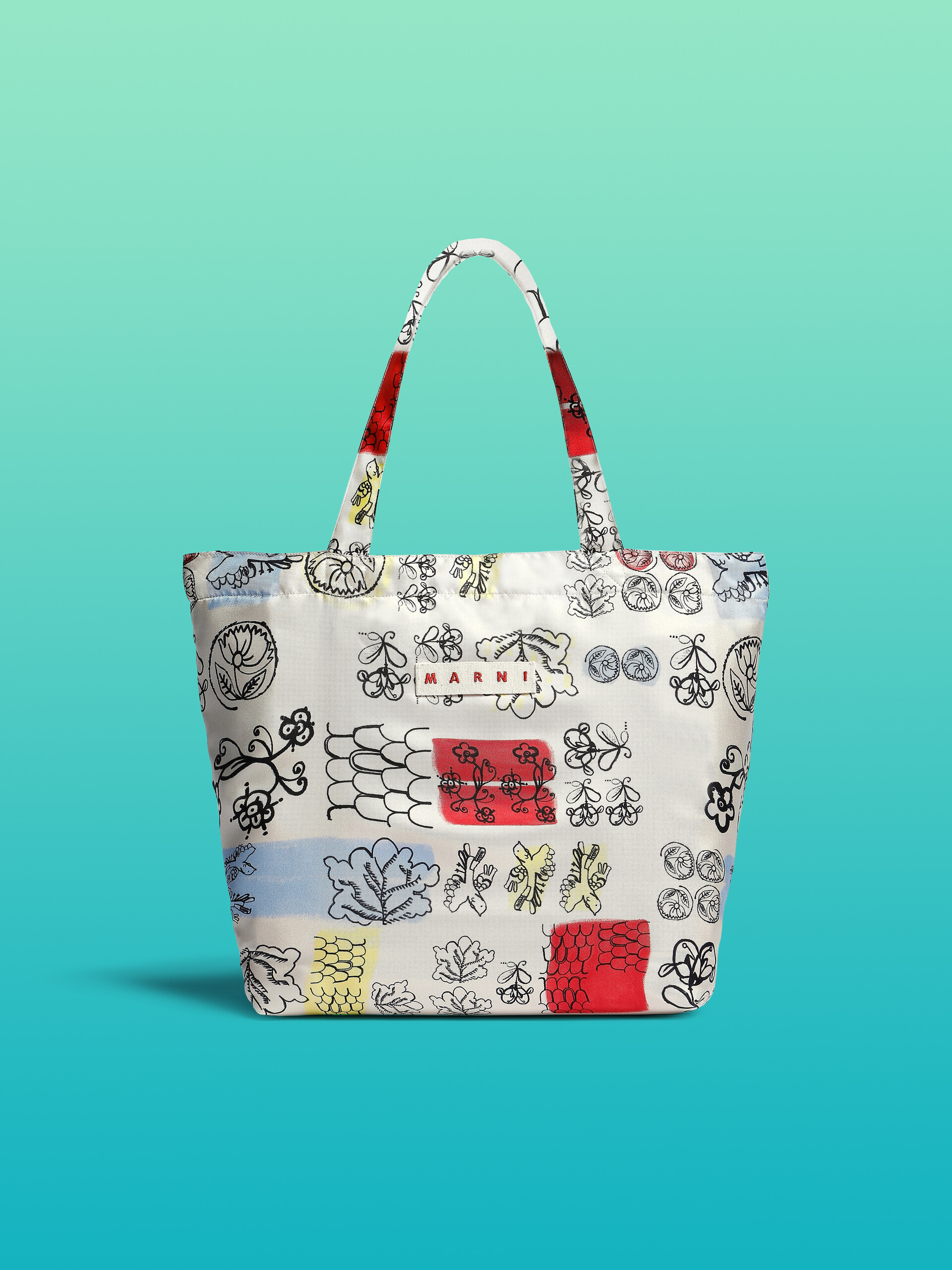 Ivory white silk tote bag with archival graphic print - Bags - Image 1