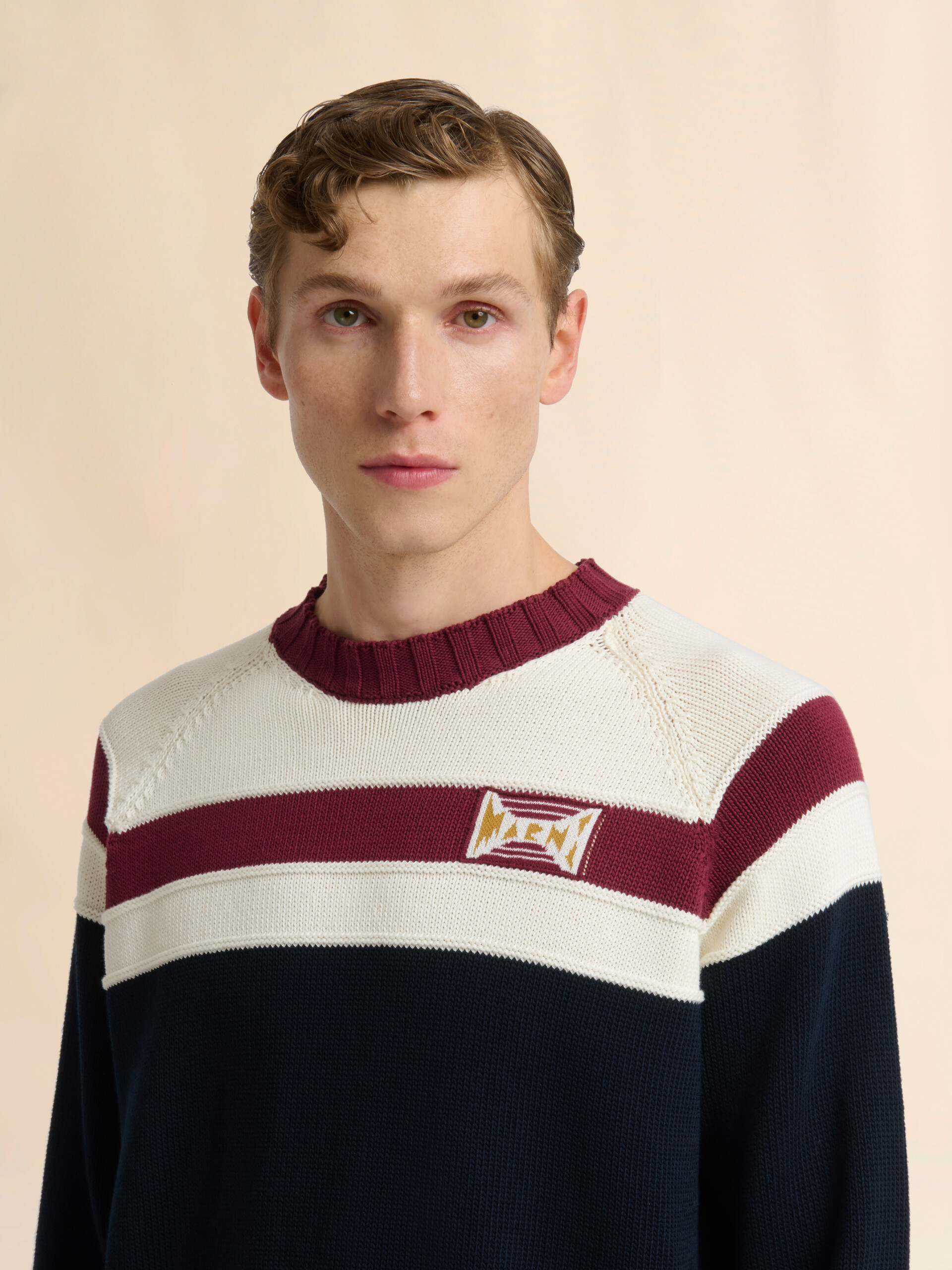 Deep blue cotton jumper with contrast stripe - Pullovers - Image 4
