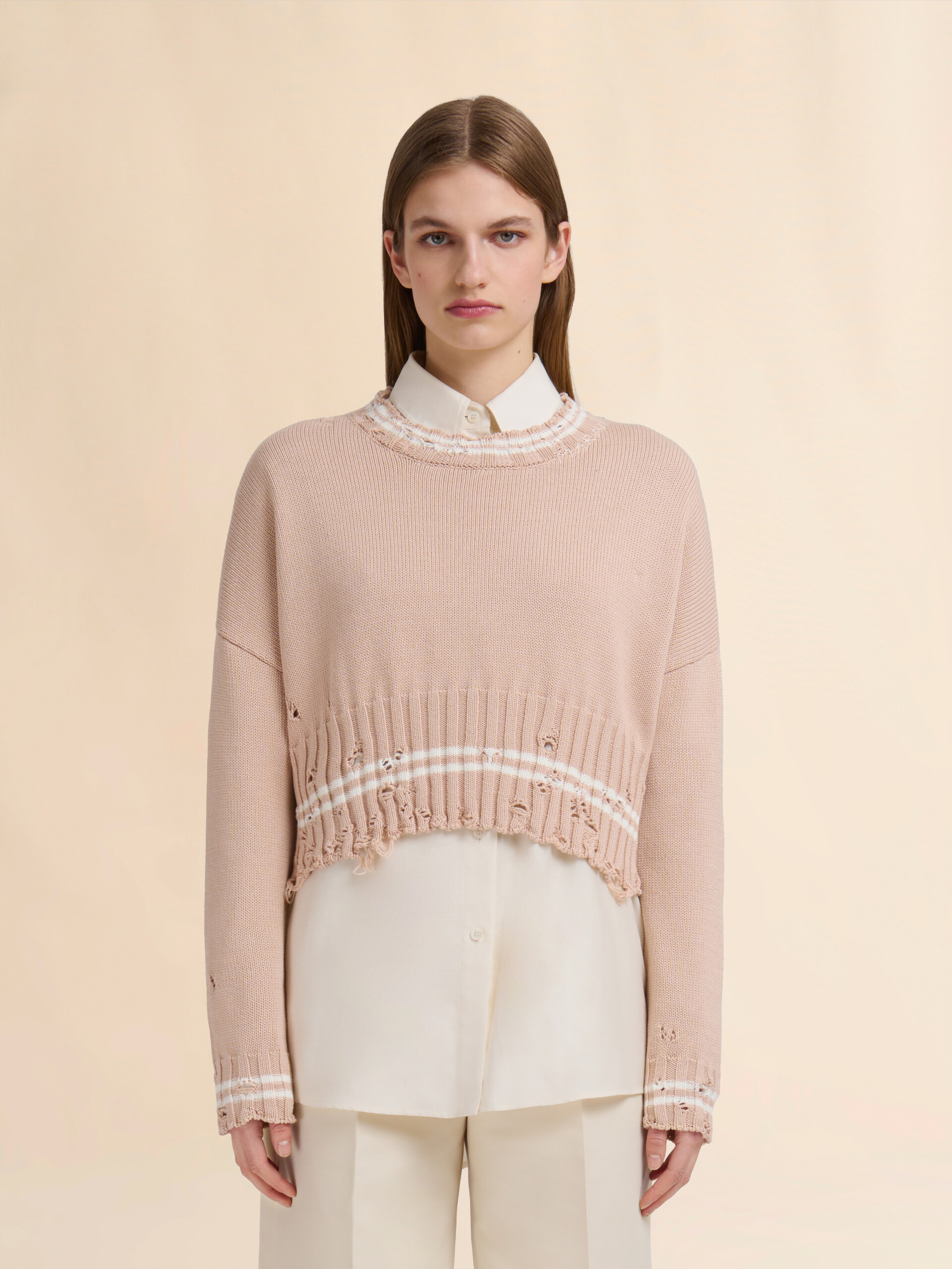 Beige dishevelled cotton jumper - Pullovers - Image 2