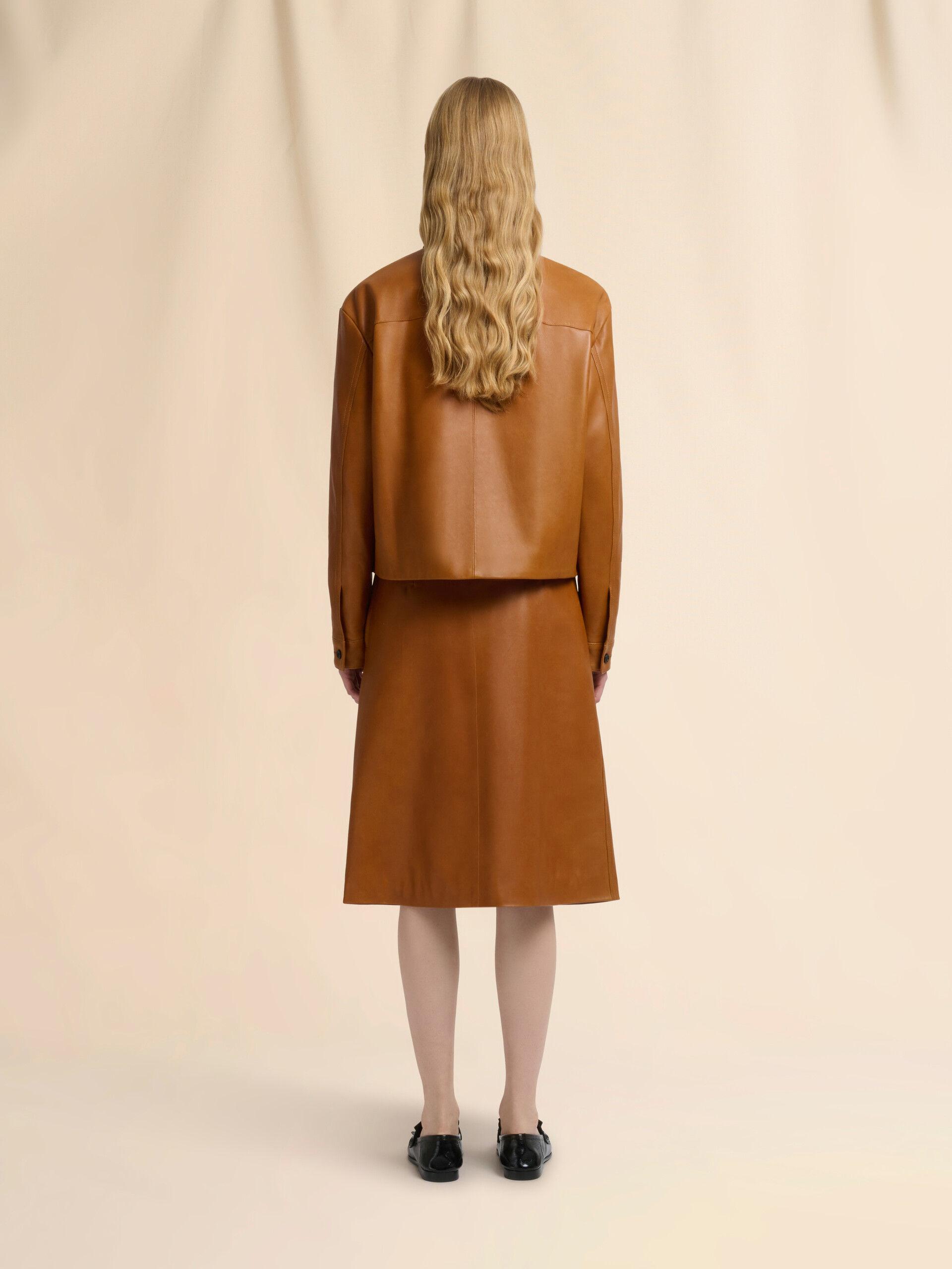 Brown leather overshirt with flower intarsia - Shirts - Image 3