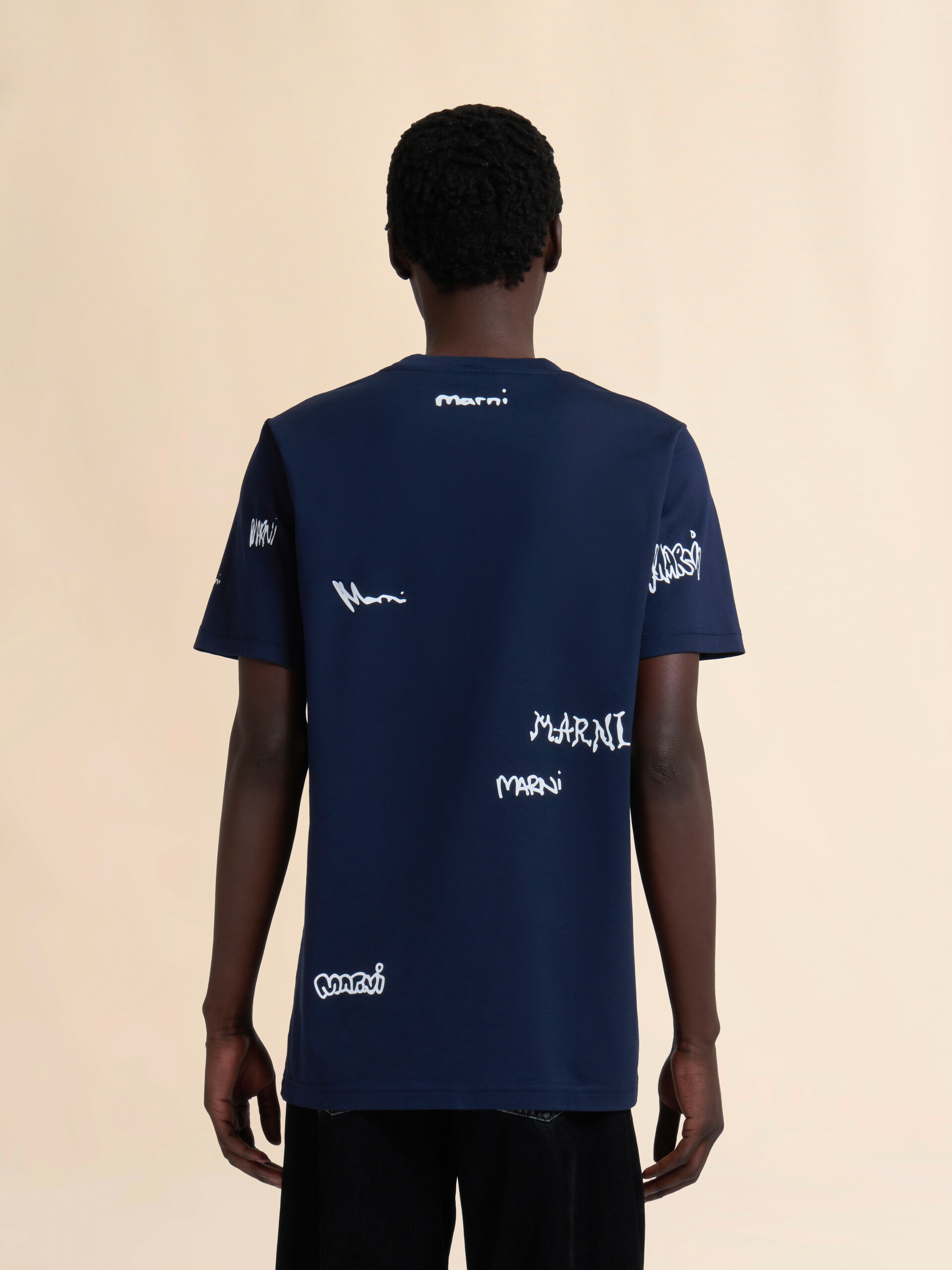 Deep blue cotton T-shirt with Multigram Marni print - Shirts - Image 3