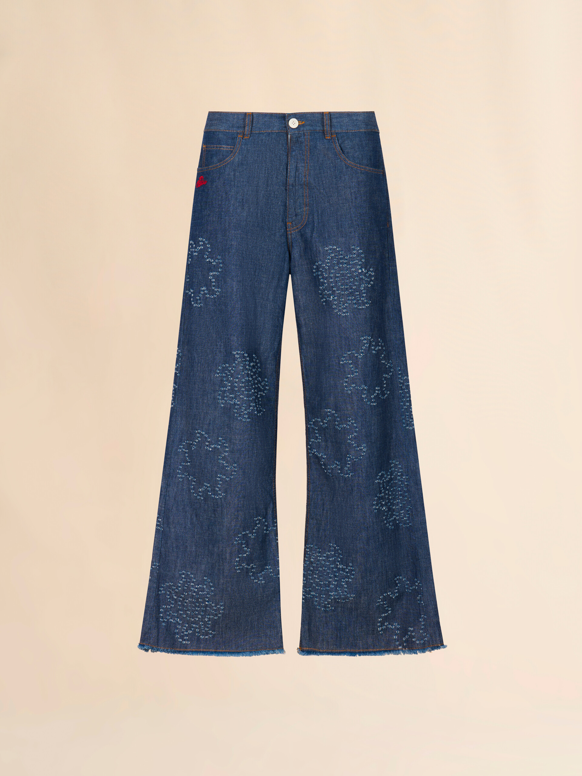 Blue chambray jeans with frayed sun motif - Pants - Image 1