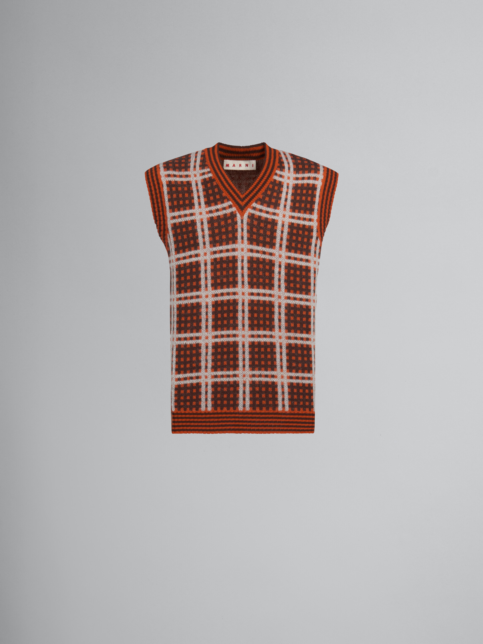 Red V-neck vest with '50s check - Pullovers - Image 1