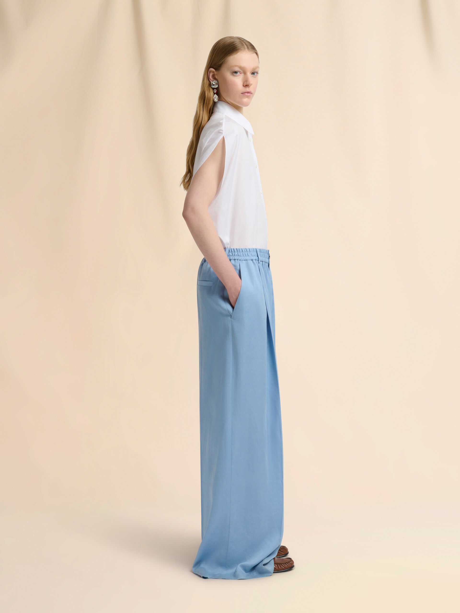 Light blue satin wide-leg trousers - Pants - Image 5
