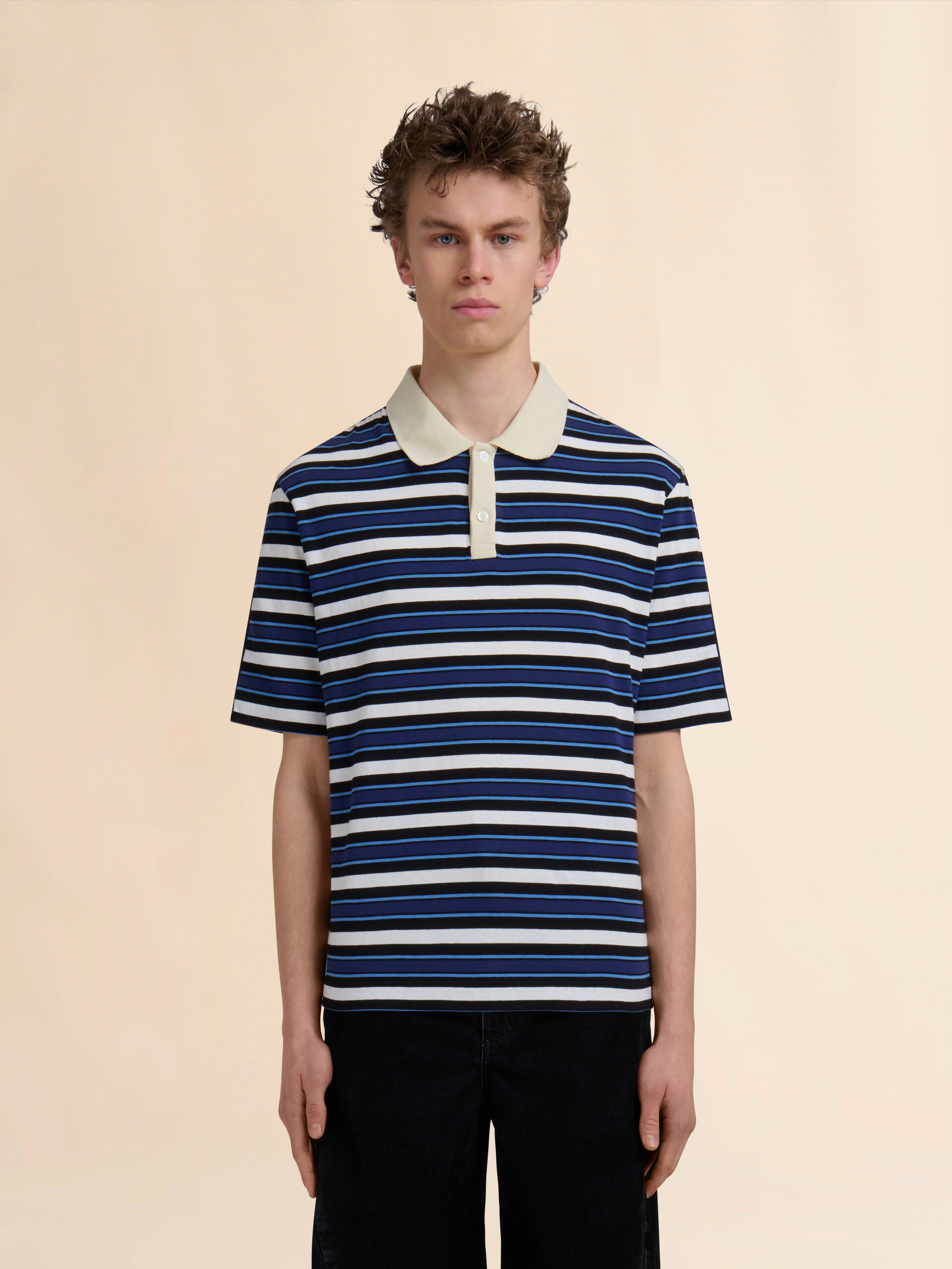 Polo in cotone biologico blu a righe e retro a contrasto - Camicie - Image 2