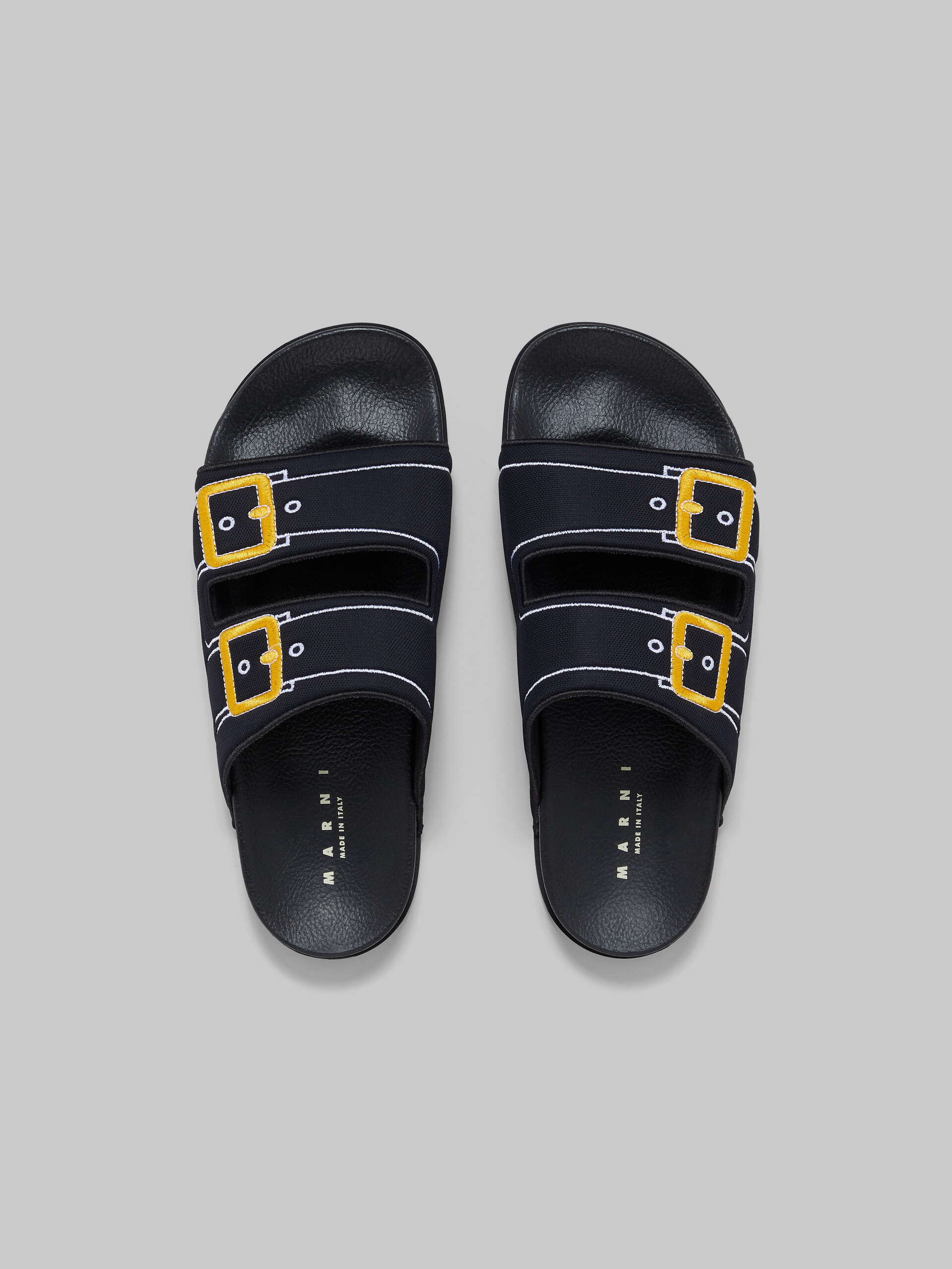 Blue trompe l'oeil slider with embroidered buckles - Sandals - Image 4