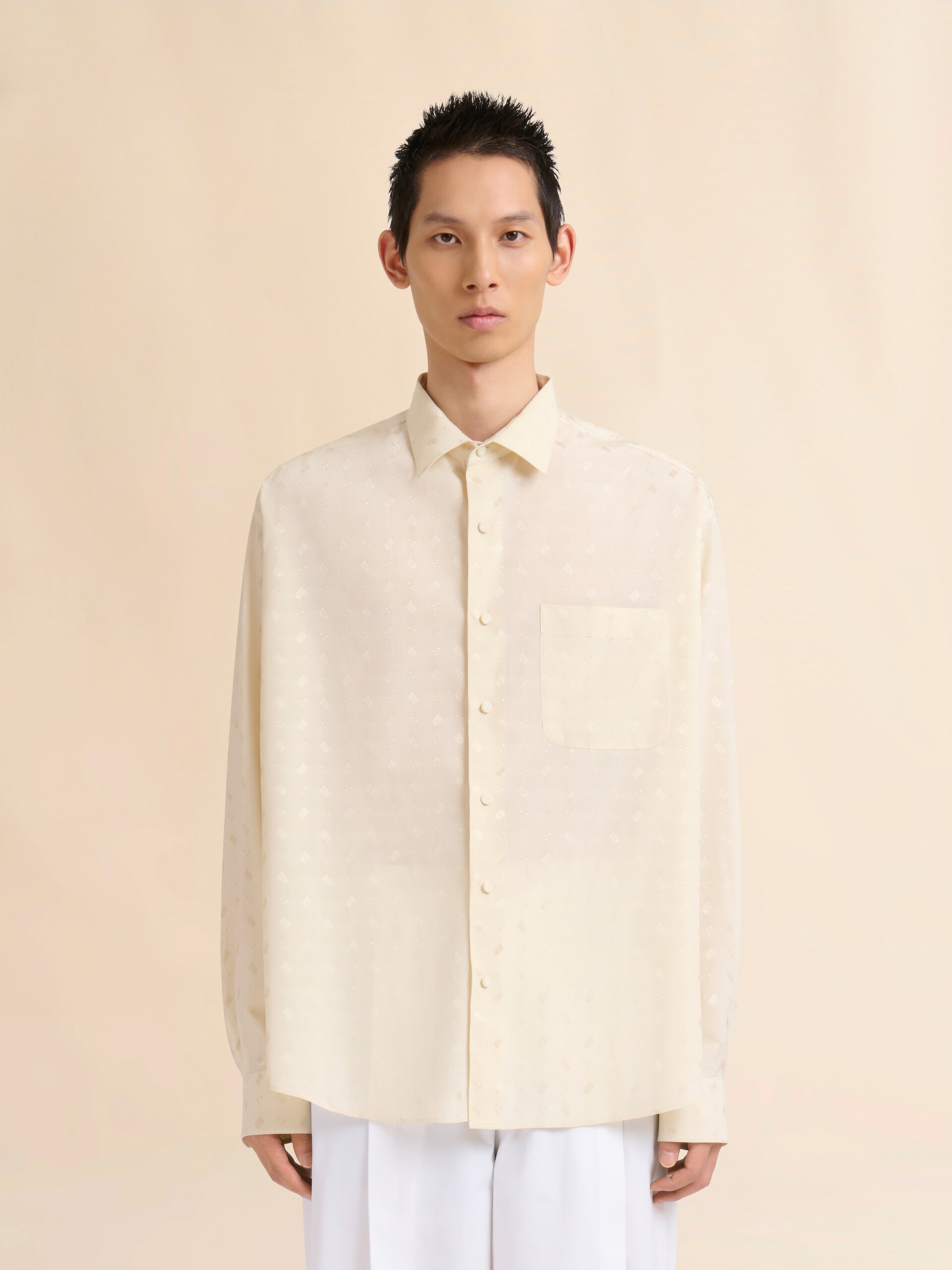 Cream viscose oversized shirt with geometric jacquard motif - Shirts - Image 2