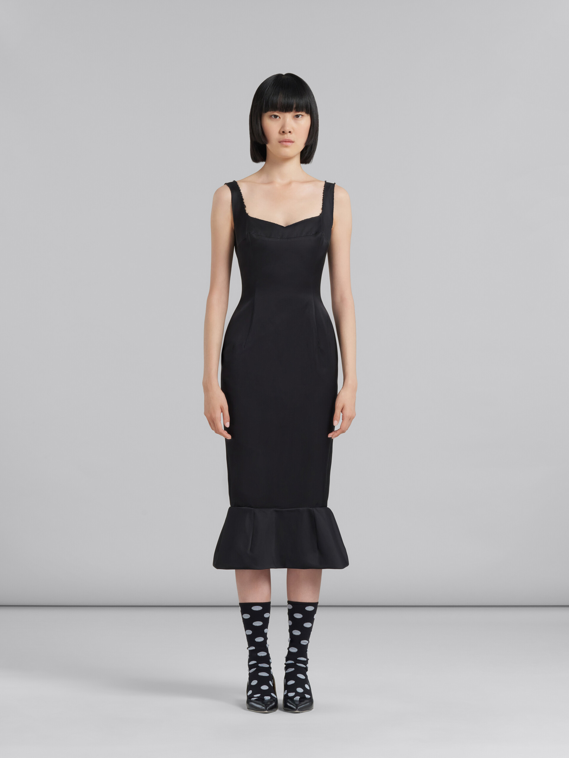 Black cady sheath dress with flounce hem - Dresses - Image 2