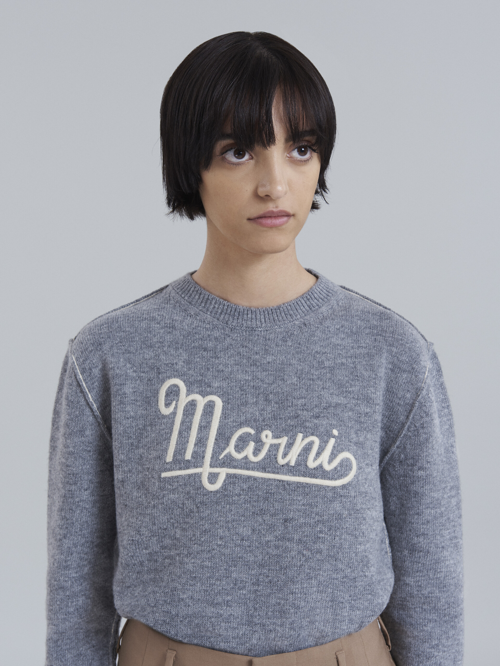 Grey Shetland wool long-sleeved sweater with embroidered Marni logo - Pullovers - Image 4