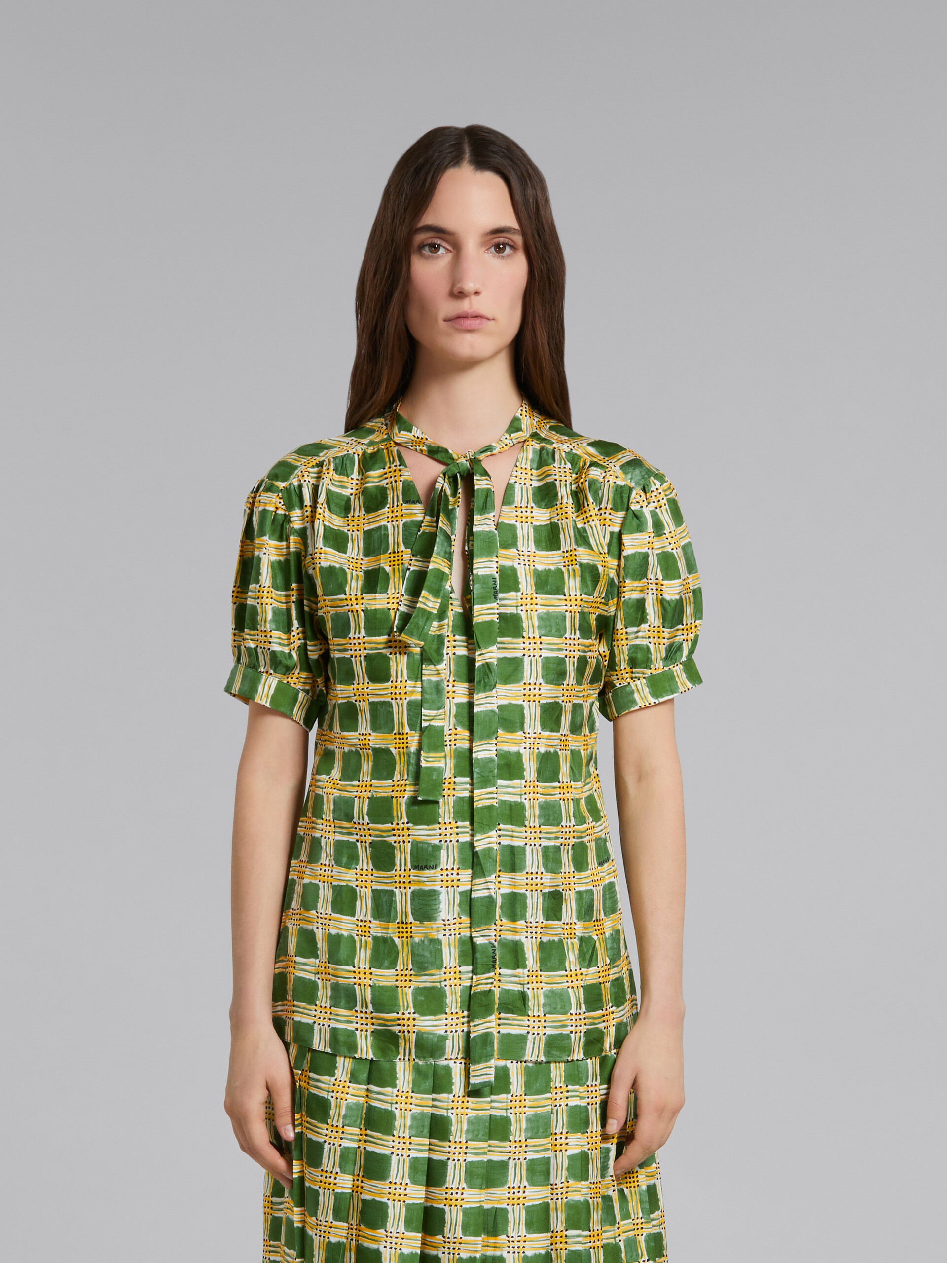 Green silk twill top with Check Fields print - Shirts - Image 2