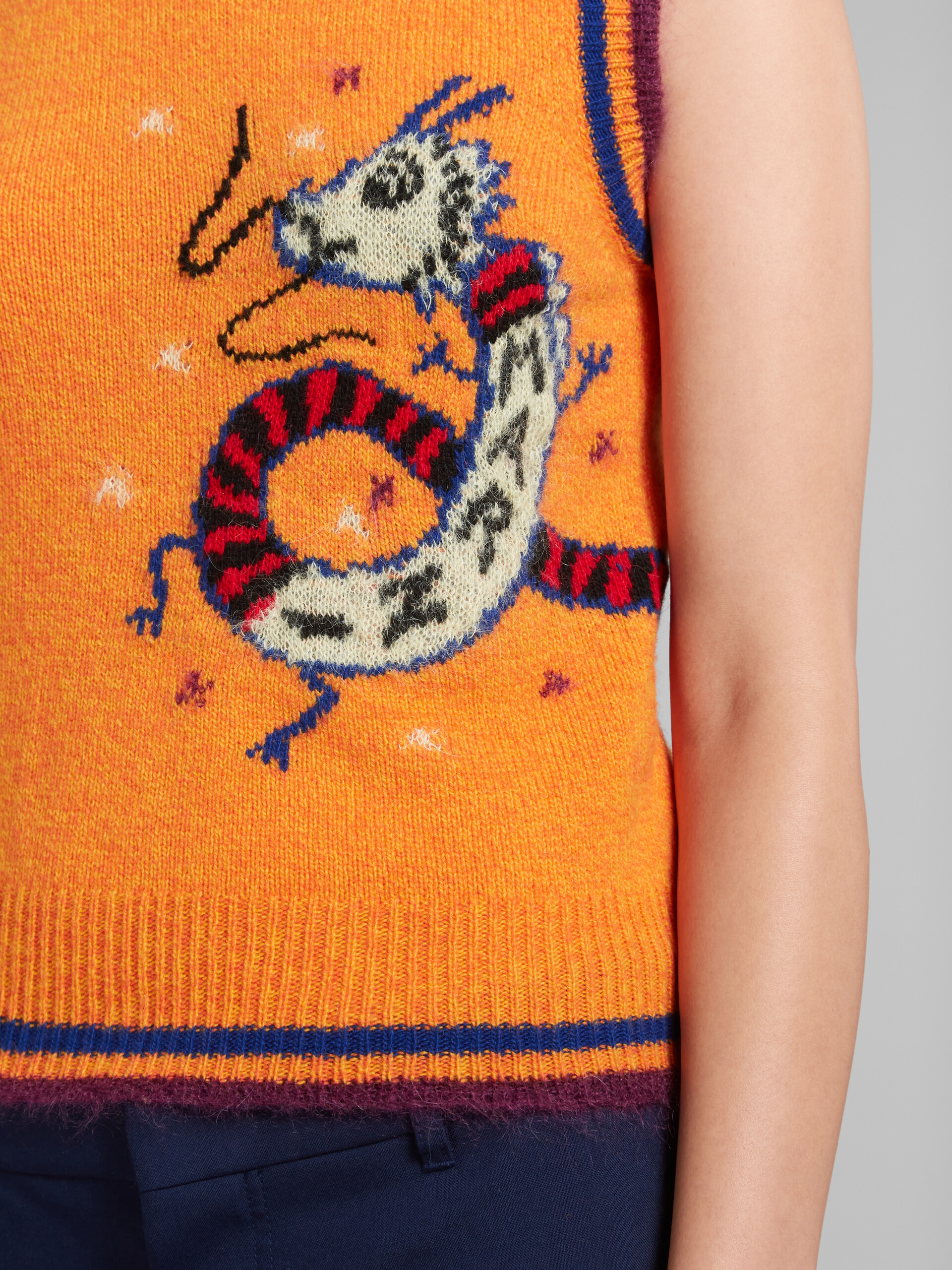 Orange wool-cashmere sleeveless jumper with jacquard dragon | Marni