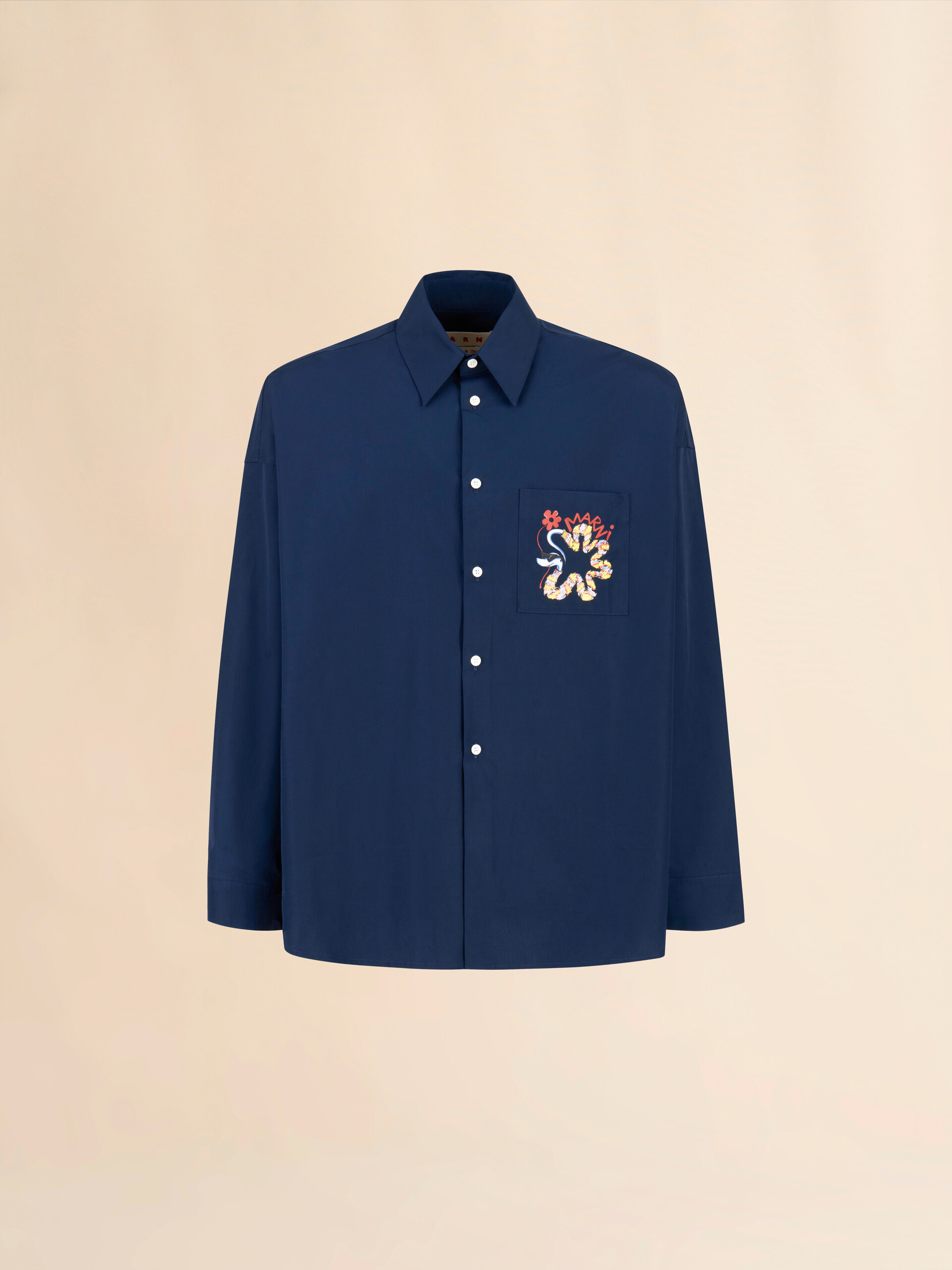 Deep blue cotton long-sleeved shirt with snake print - Shirts - Image 1