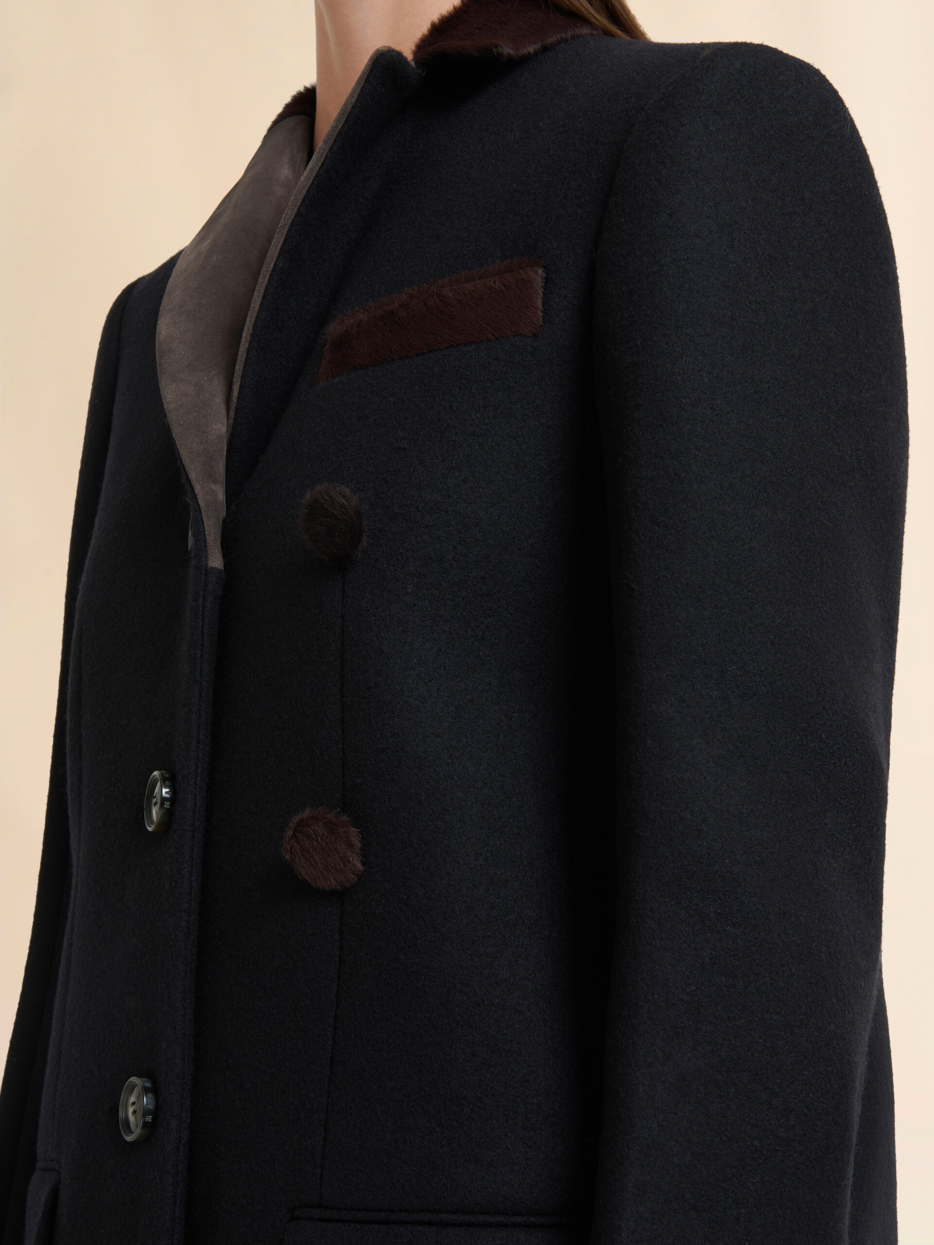 Black wool felt coat with leather details - Coats - Image 5