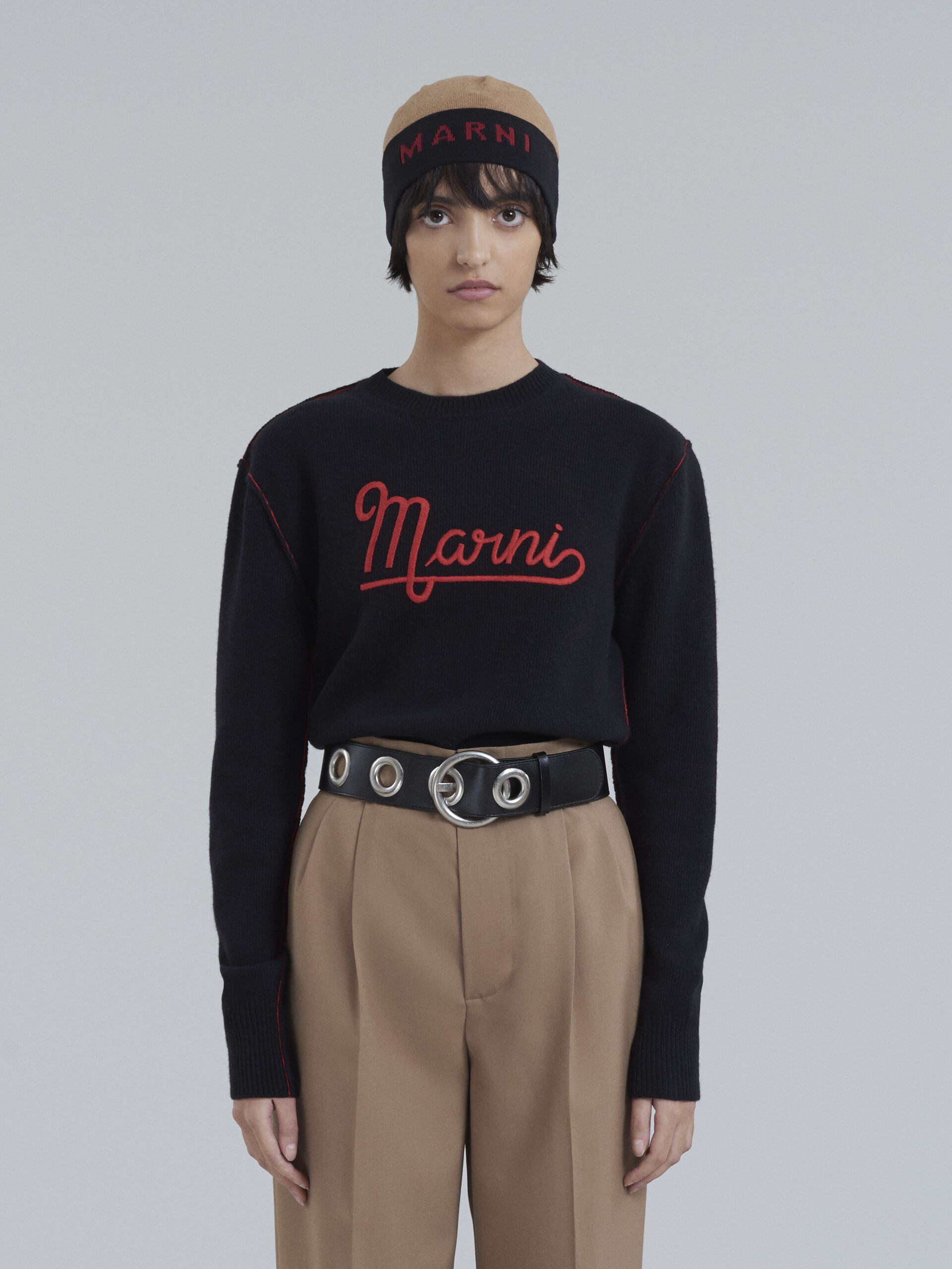 Black Shetland wool long-sleeved sweater with embroidered Marni logo - Pullovers - Image 2