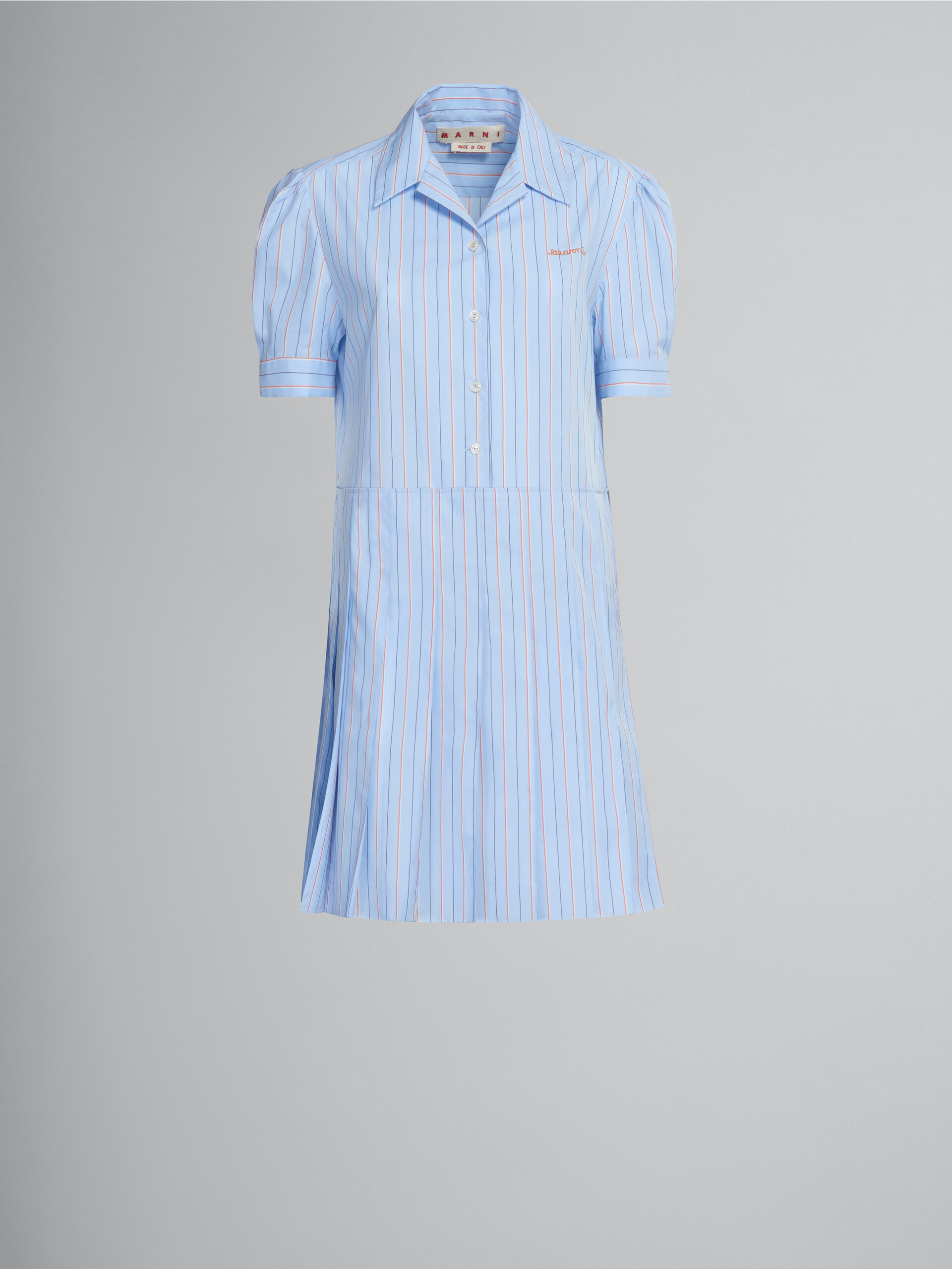 Short dress in light blue striped bio poplin - Dresses - Image 1