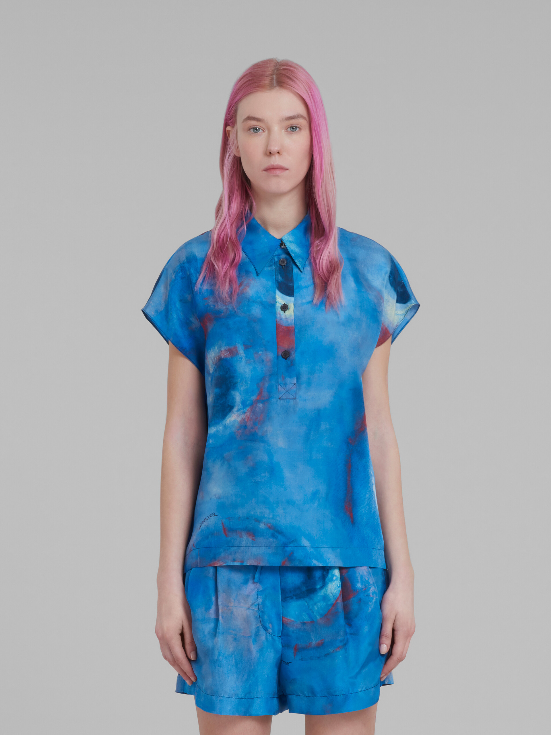 Silk polo top with Buchi Blu print - Shirts - Image 2