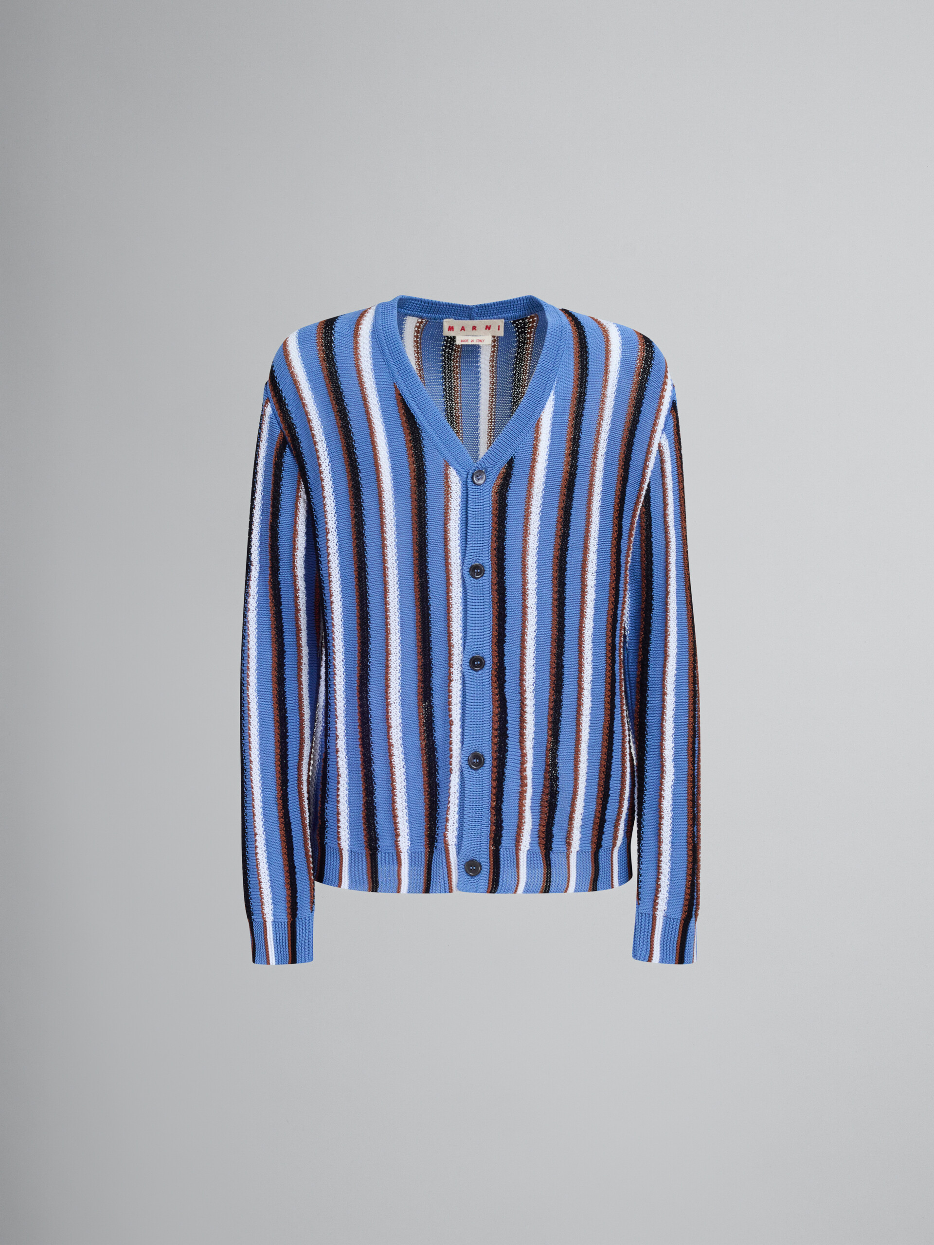 Cardigan en coton bleu avec rayures réalisées au crochet - pulls - Image 1
