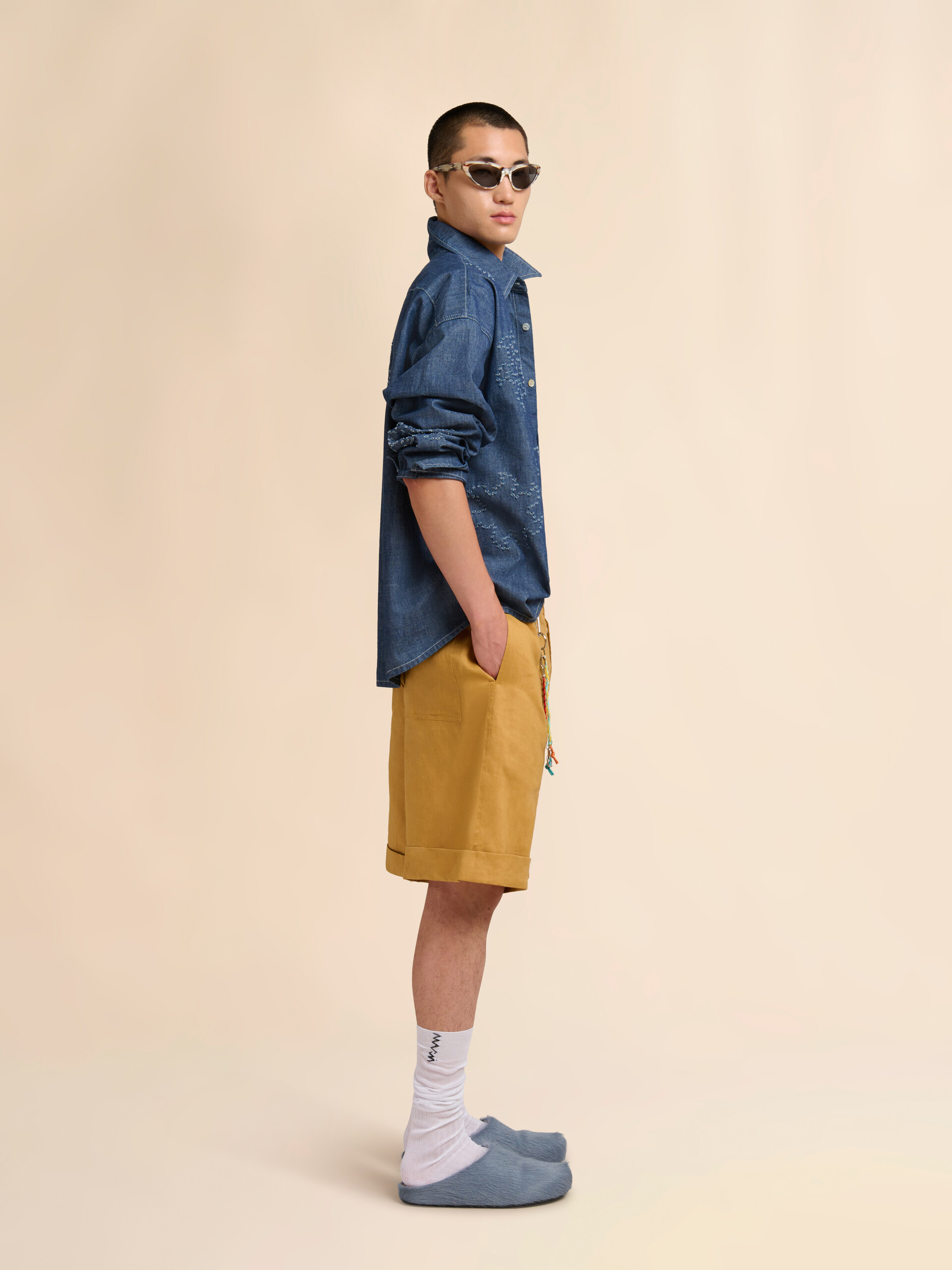 Blue chambray oversized shirt with frayed sun motif - Shirts - Image 5