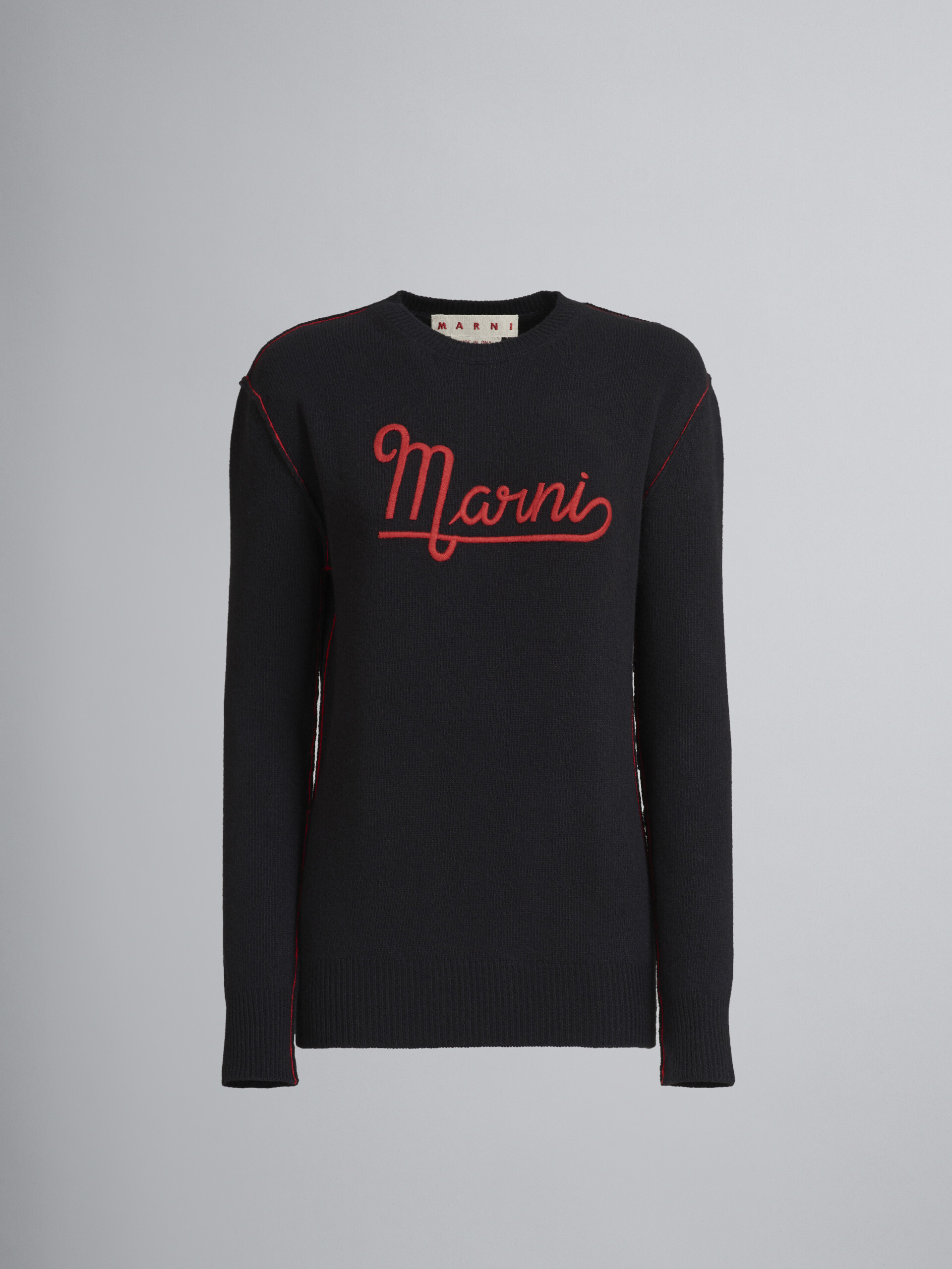 Black Shetland wool long-sleeved sweater with embroidered Marni logo - Pullovers - Image 1