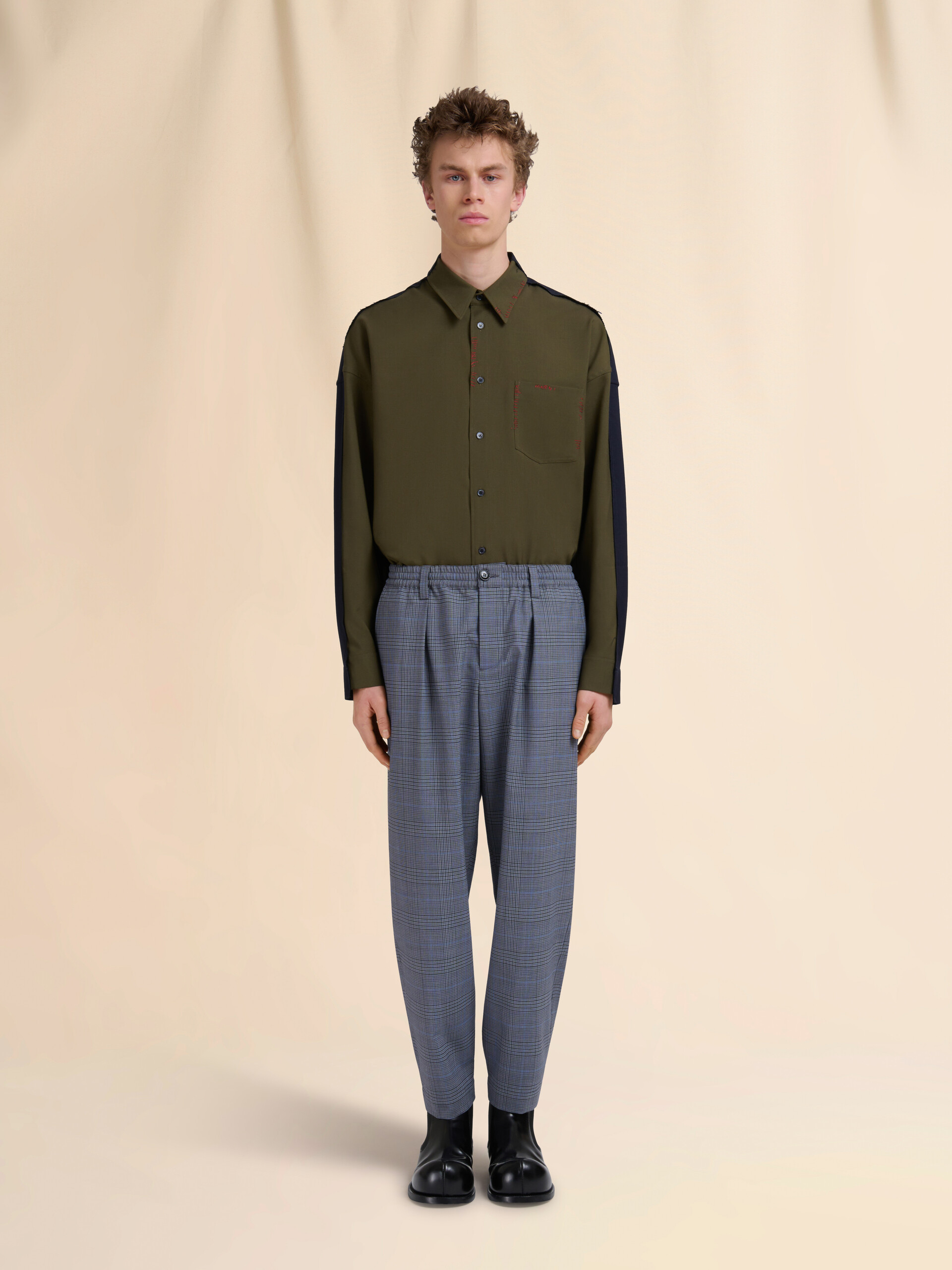 Blue checked wool trousers with drawstring waist - Pants - Image 2