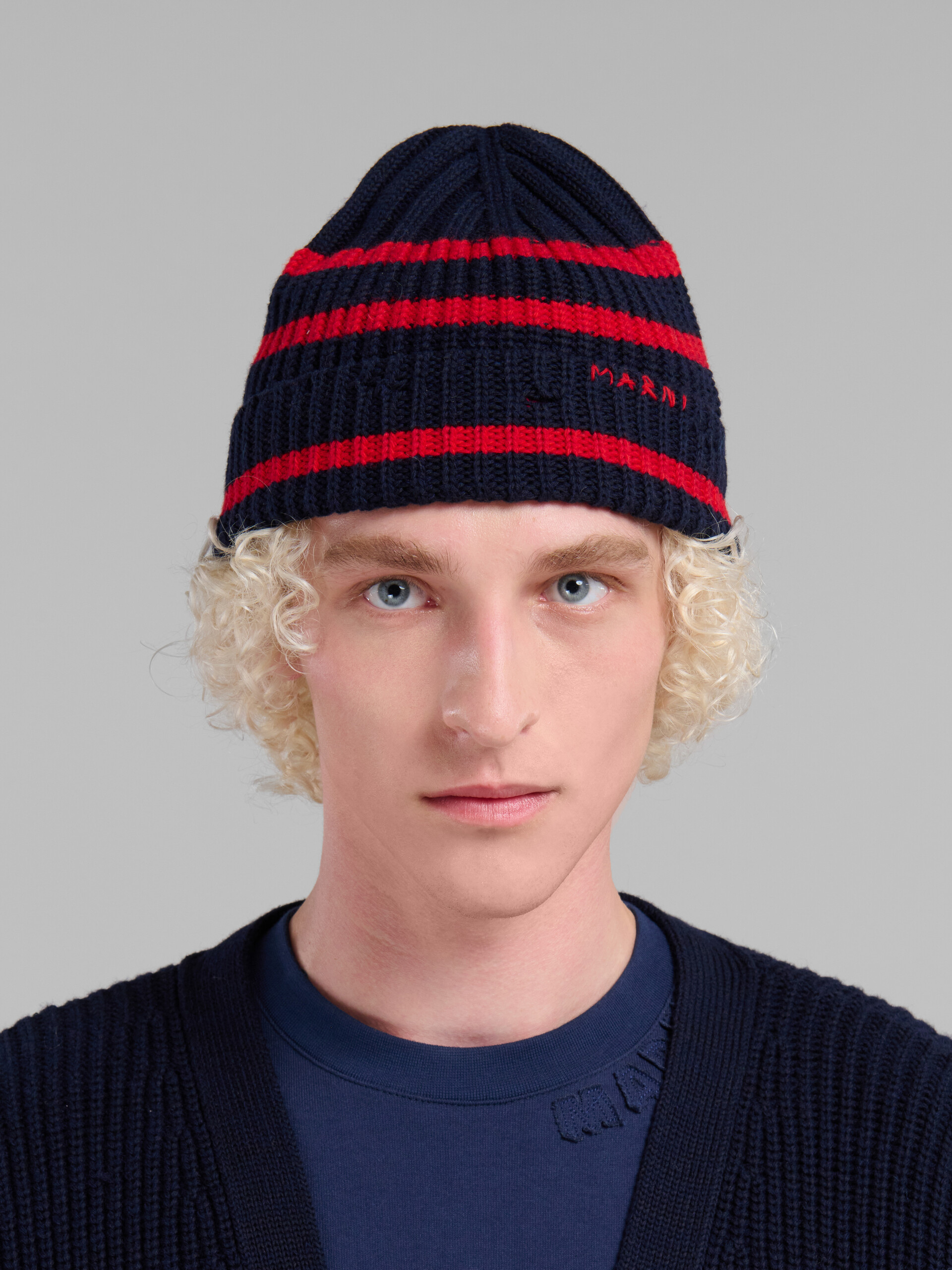 Navy ribbed wool beanie with sailor stripes - Hats - Image 2
