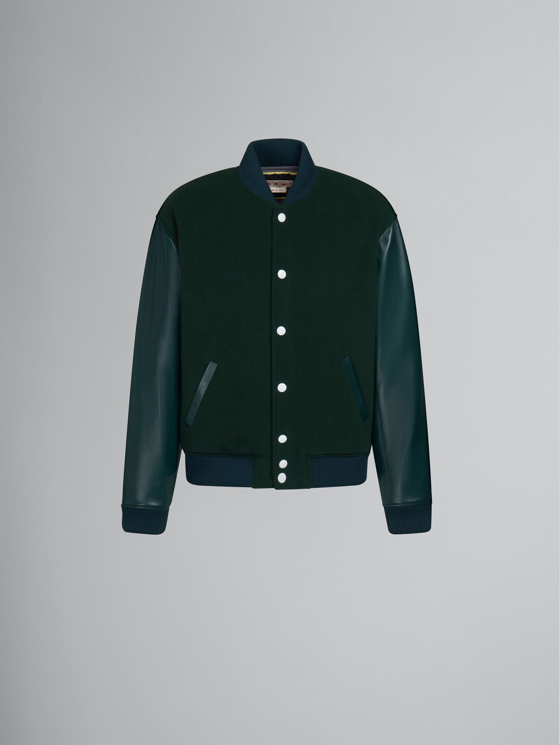 Green wool felt bomber with leather sleeves - Jackets - Image 1