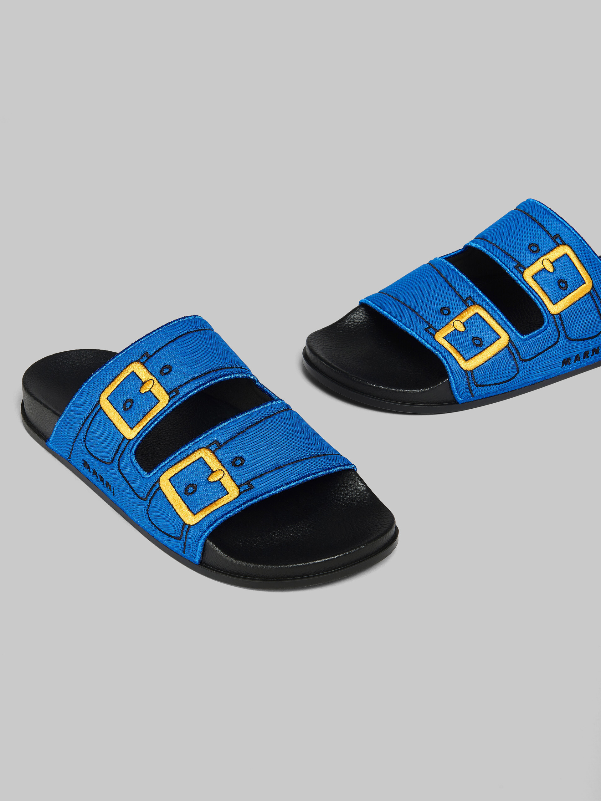Blue trompe l'oeil slider with embroidered buckles - Sandals - Image 5