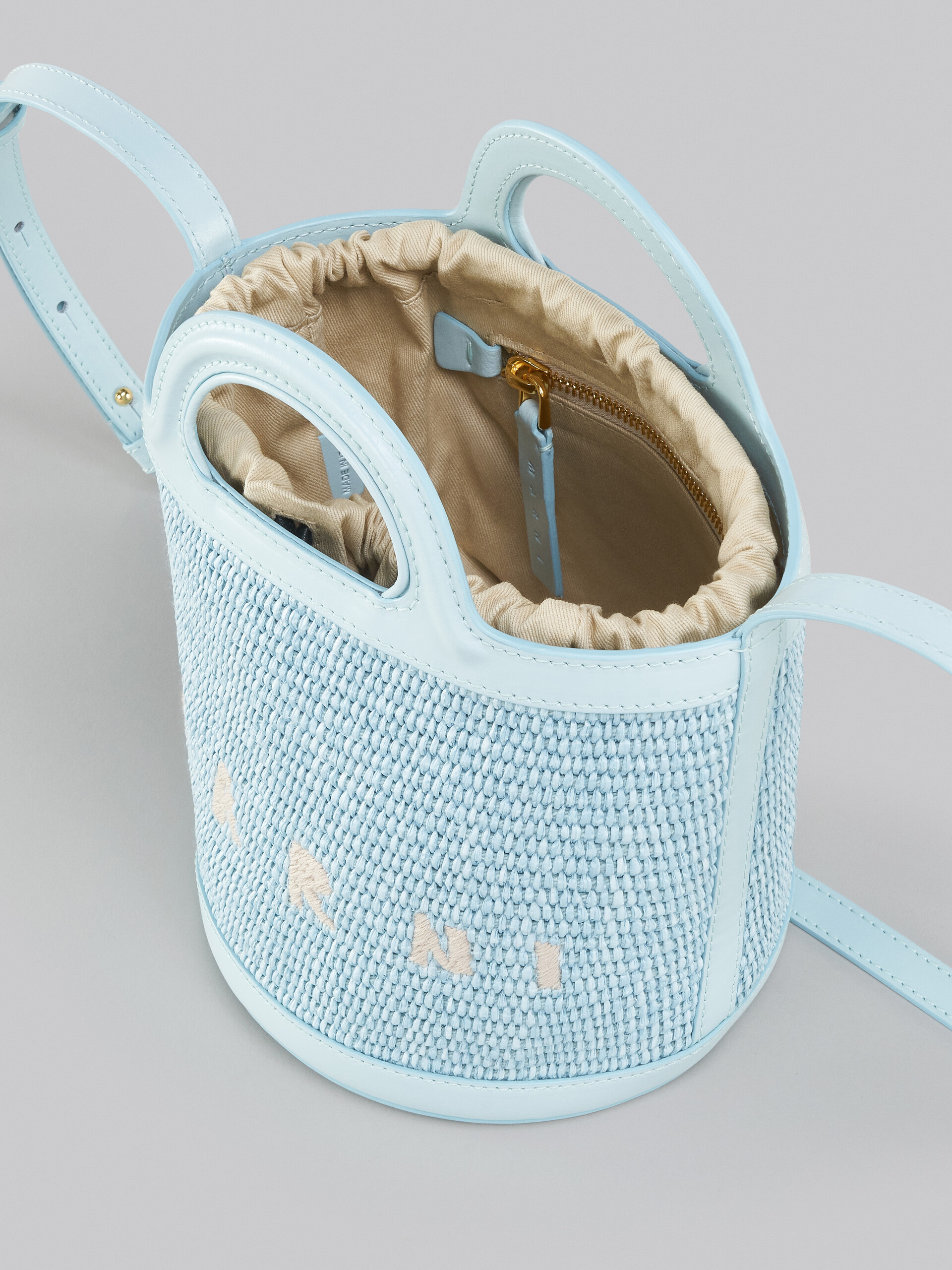 Tropicalia Small Bucket Bag in light blue leather and raffia - Shoulder Bag - Image 4