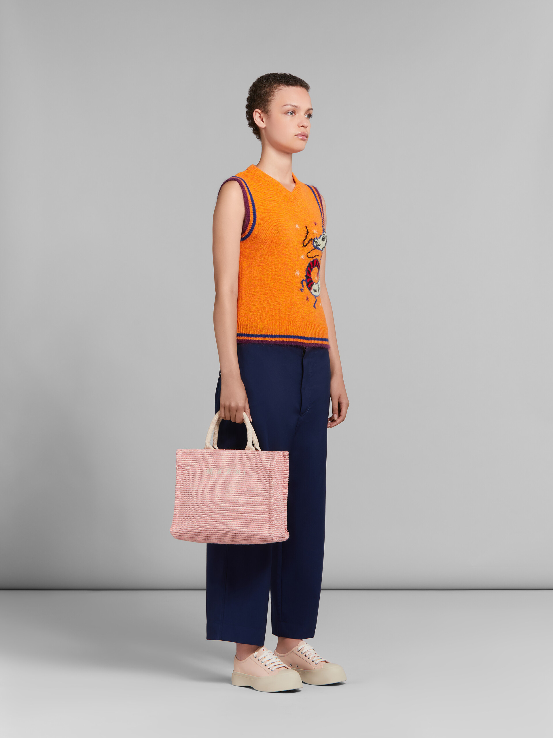 Orange wool-cashmere sleeveless jumper with jacquard dragon | Marni