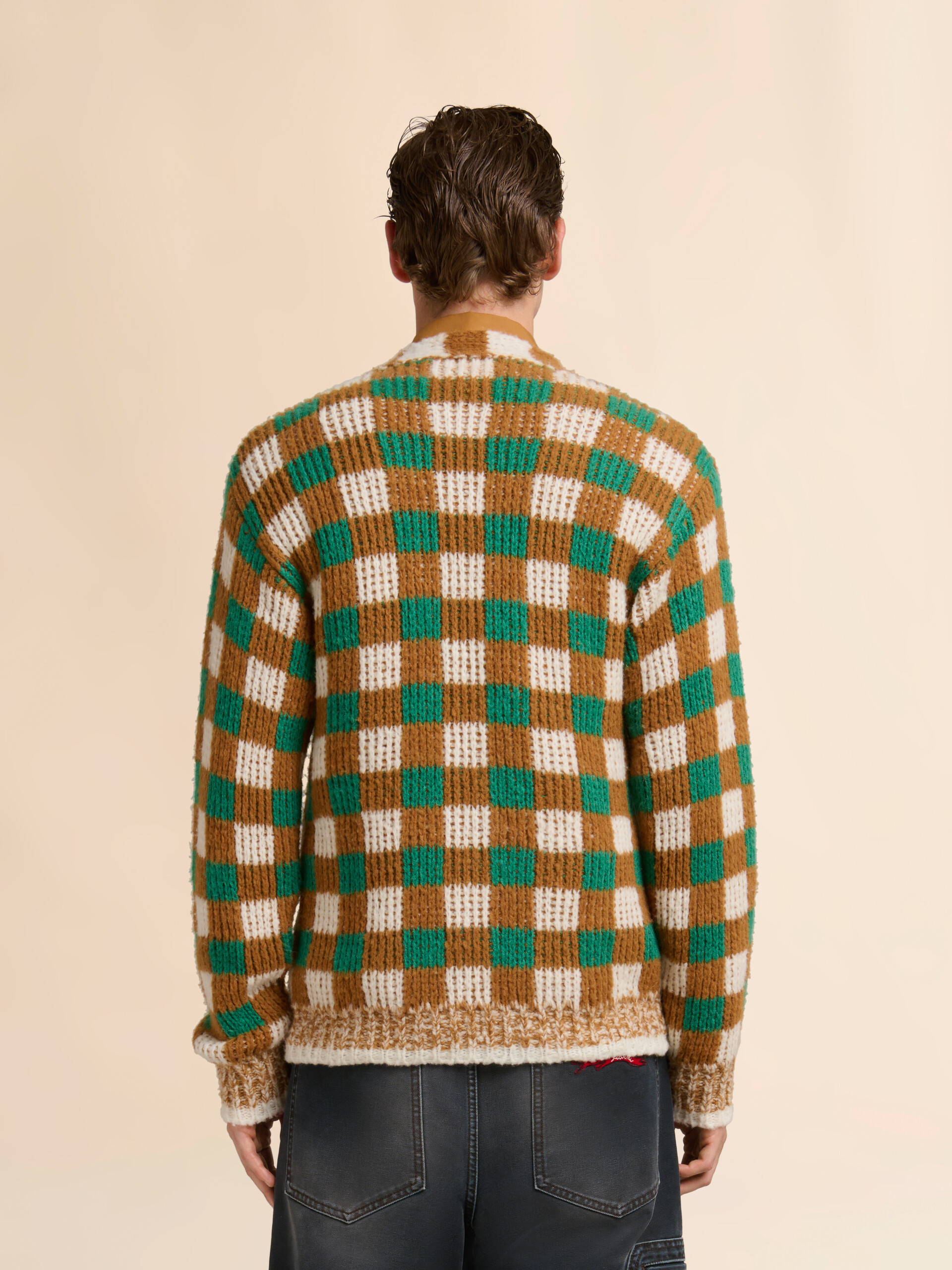 Green wool and mohair cardigan with chequerboard motif - Pullovers - Image 3
