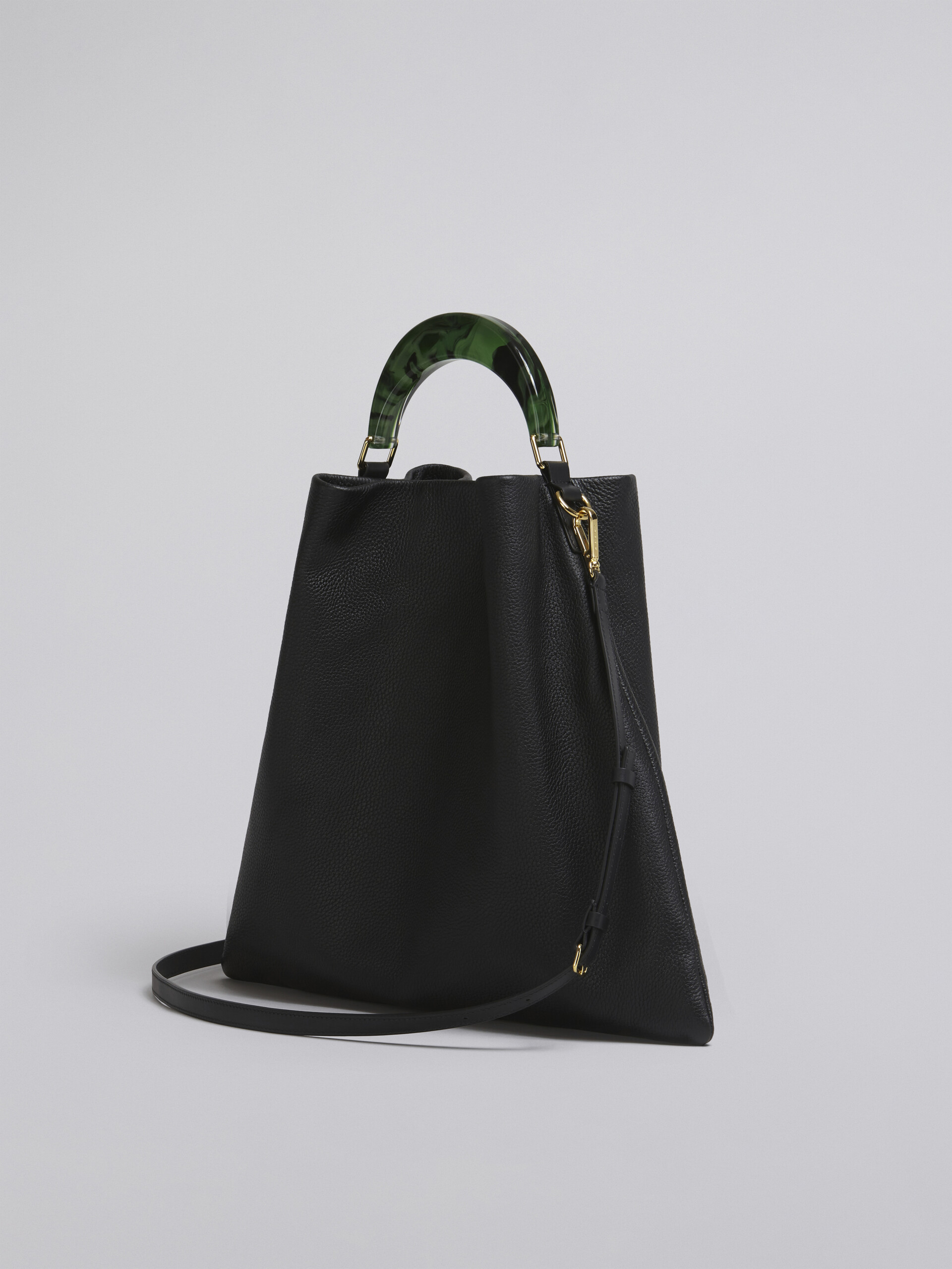 HOBO bag in black grained calfskin and resin handle - Shoulder Bags - Image 3