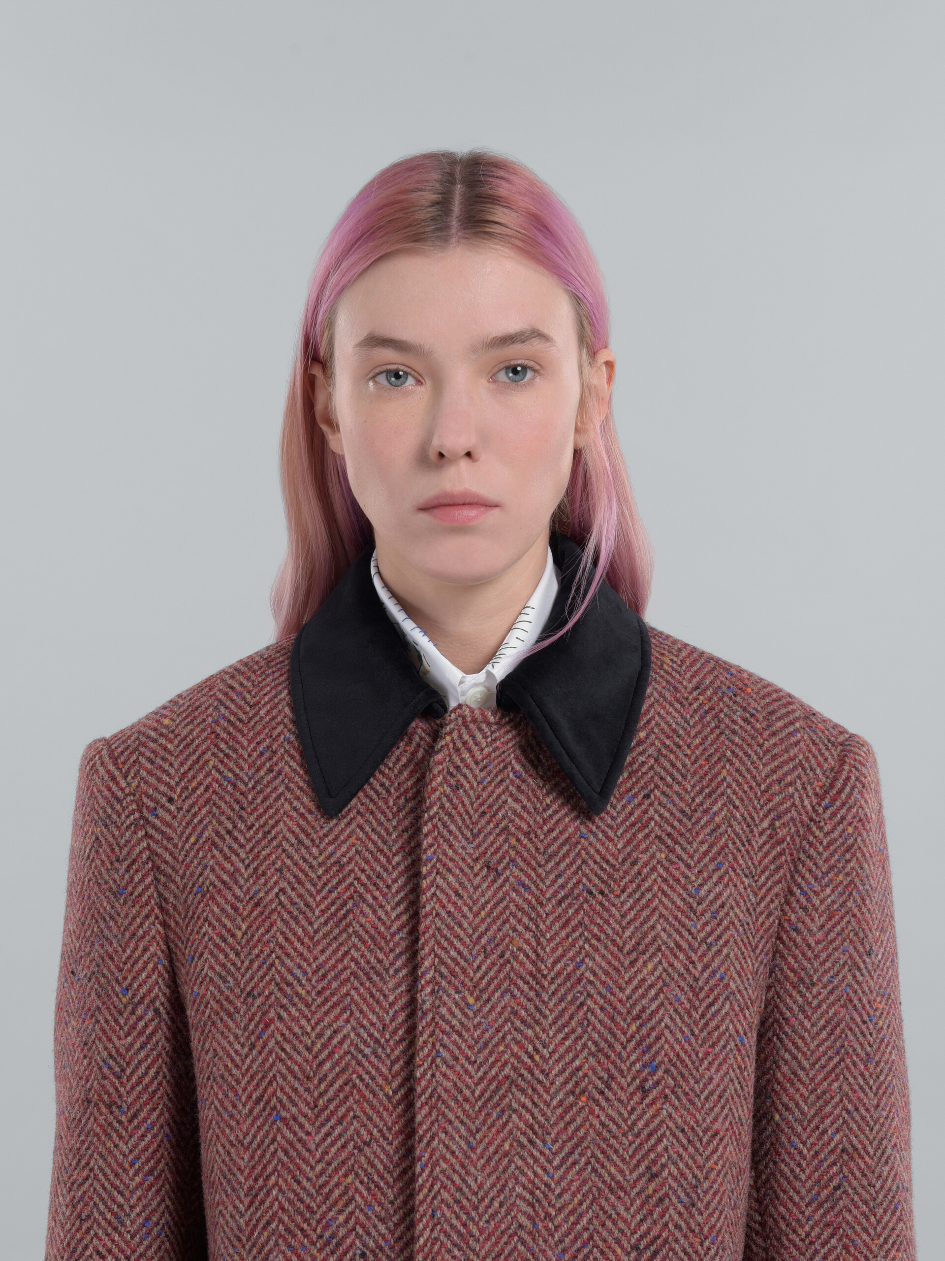 Burgundy chevron wool coat with velvet collar - Coat - Image 4