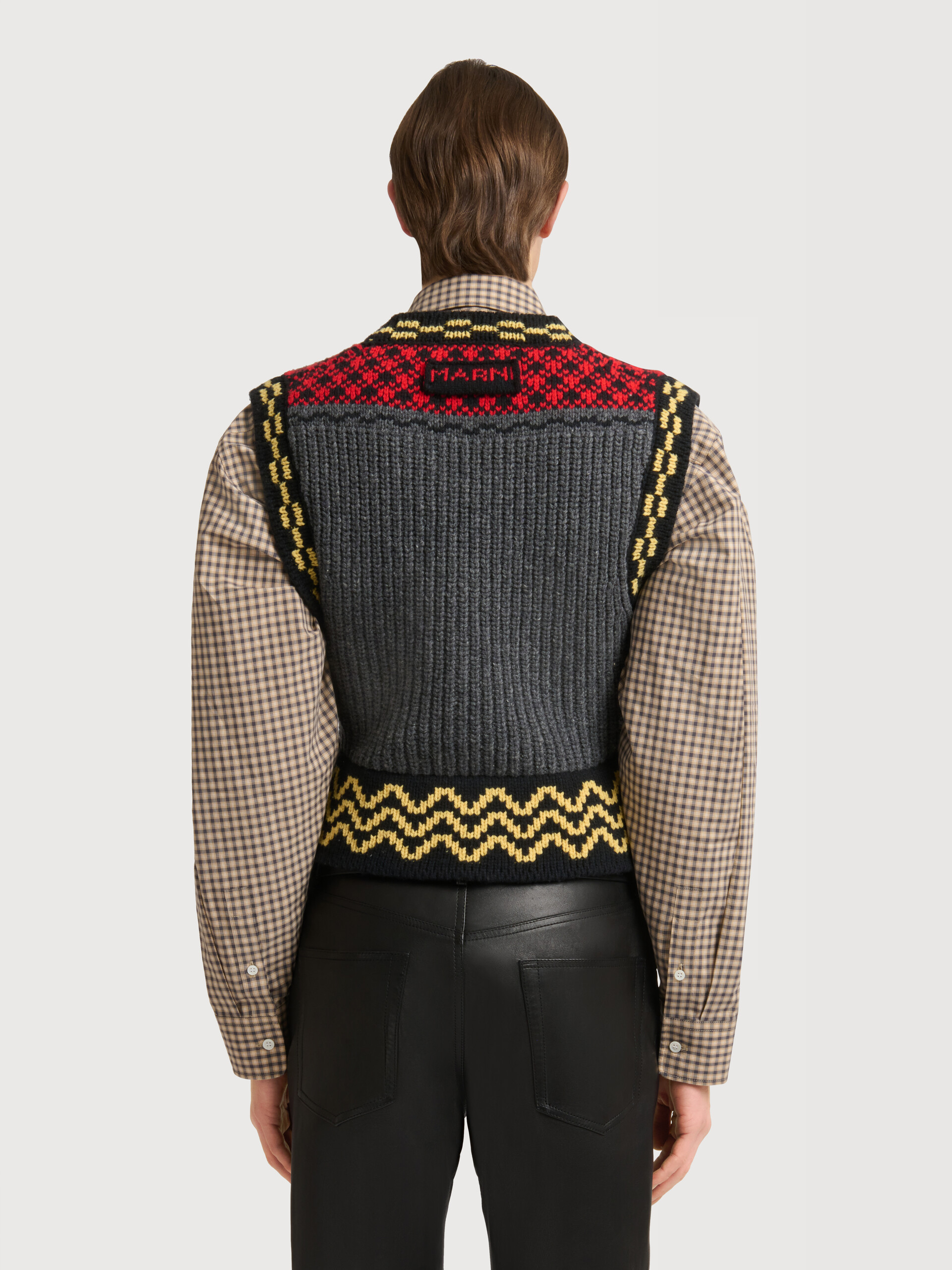 Grey wool button vest with geometric motif - Waistcoats - Image 4