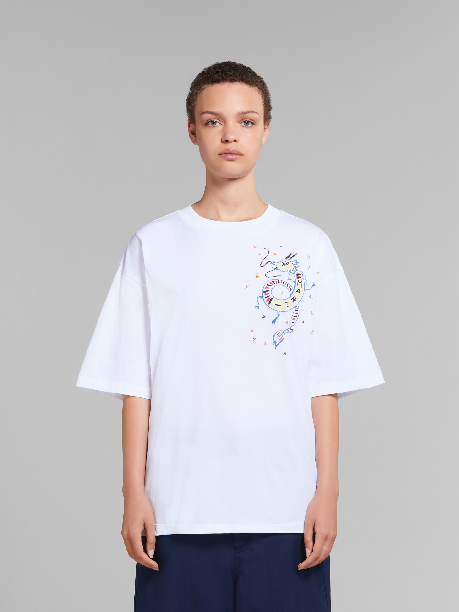 ホワイト ドラゴンプリント オーガニックジャージー製Tシャツ - Tシャツ - Image 2